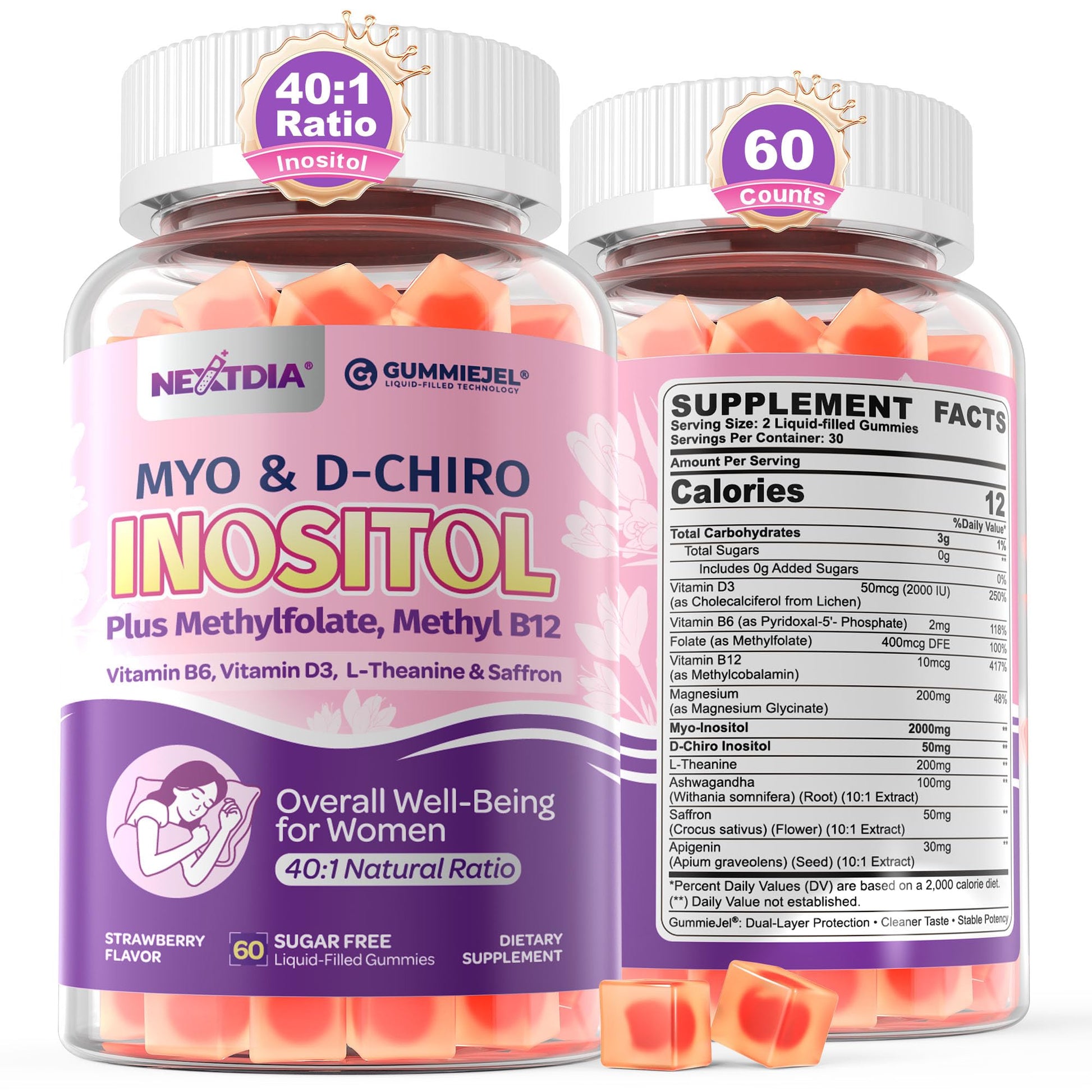 Nextdia Women Sleep Gummies Myo-Inositol & D-Chiro Inositol + Saffron, MTHF Folate, Vitamin B6 & B12, 40:1 Ratio Myo-Inositol Supplement for Hormone Balance, Mood, PCOS & Ovarian, Sugar Free, 60 Gummies