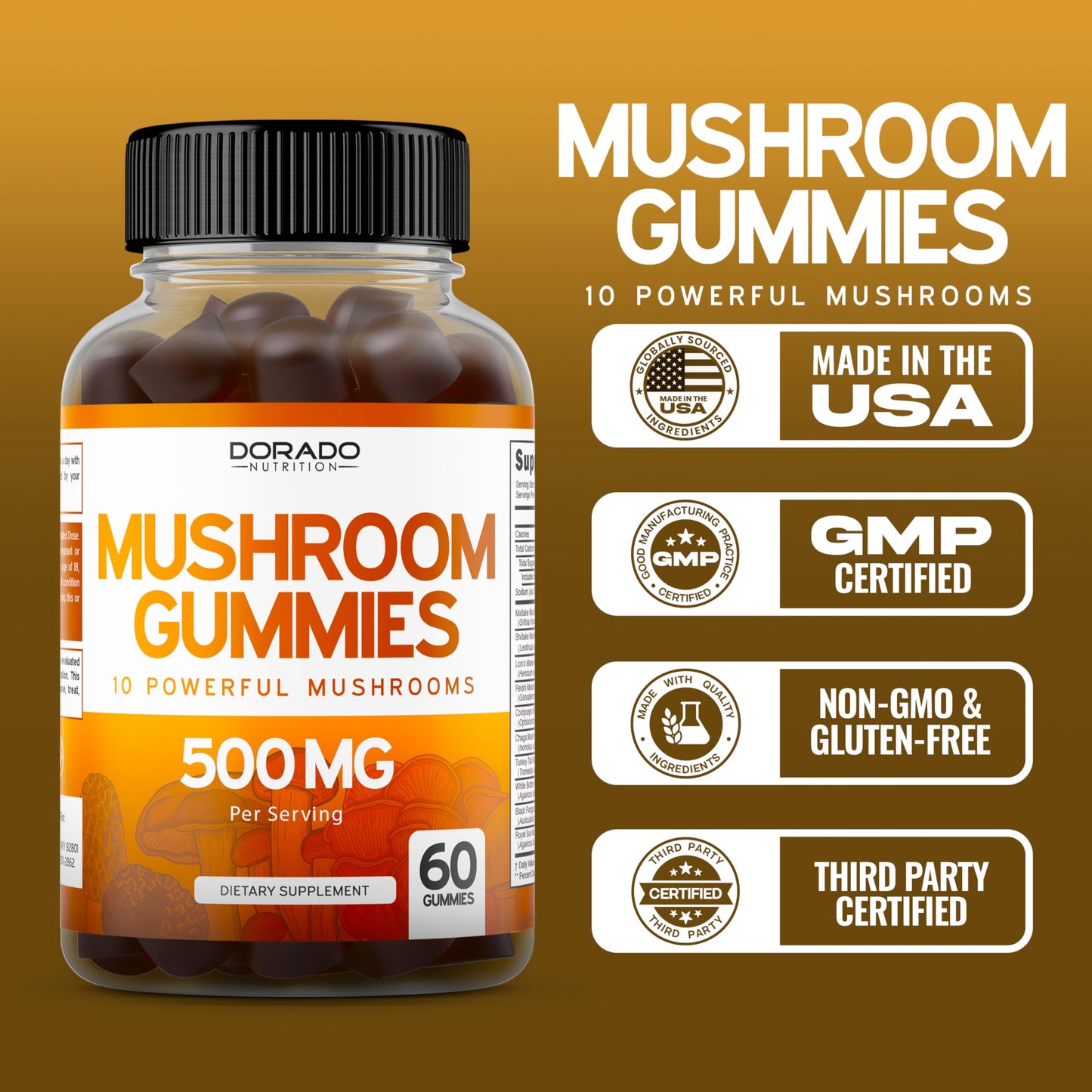 DORADO NUTRITION Mushroom Gummies 10 in 1 Blend, 60 Count