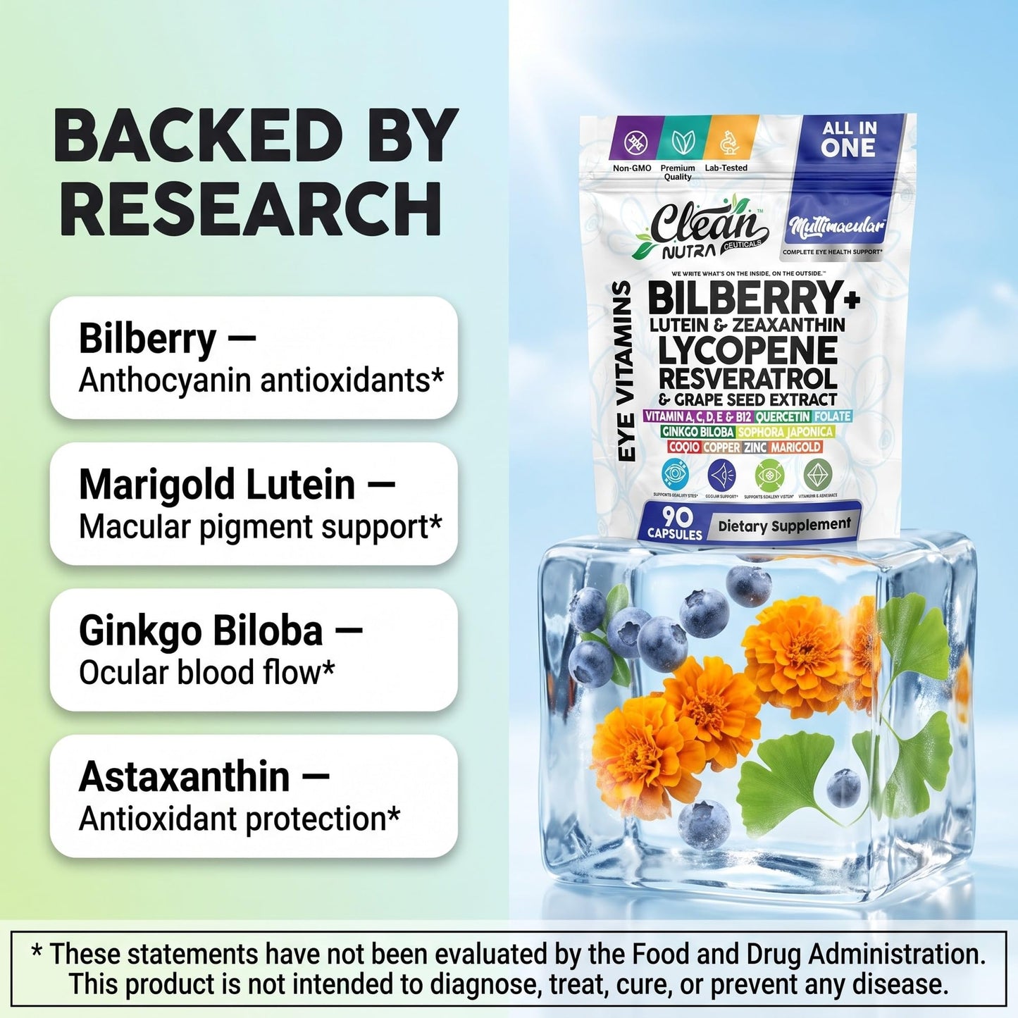 Clean Nutraceuticals Multimacular Bilberry+ Lutein Zeaxanthin Lycopene Resveratrol with Flax Seed Grape Japanese Knotweed Ginkgo Biloba Sophora Japonica Coenzyme Copper Zinc Marigold Black Pepper 90 Capsules