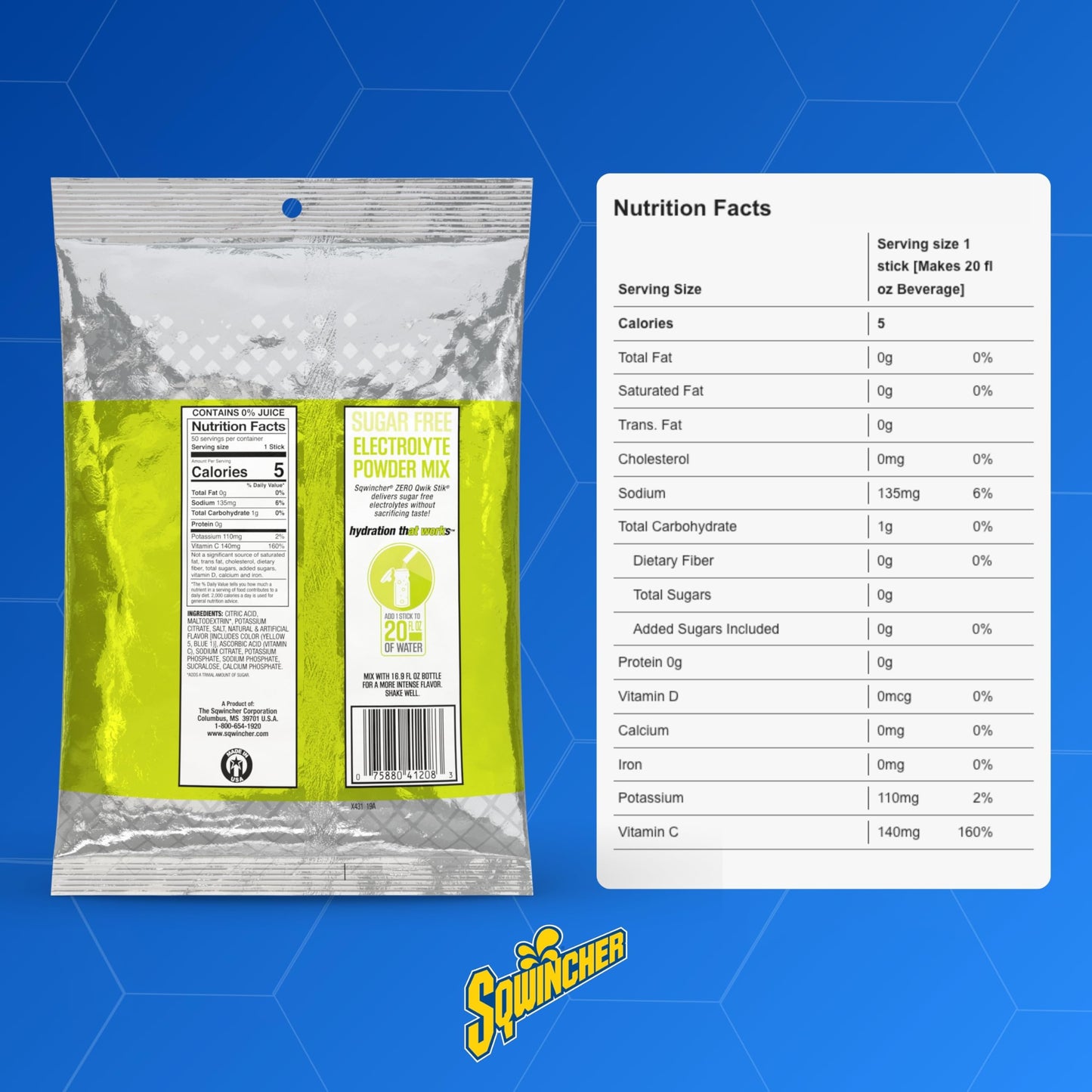 Sqwincher Qwik Stik Sugar Free Lemon-Lime Powder, 50 Pack