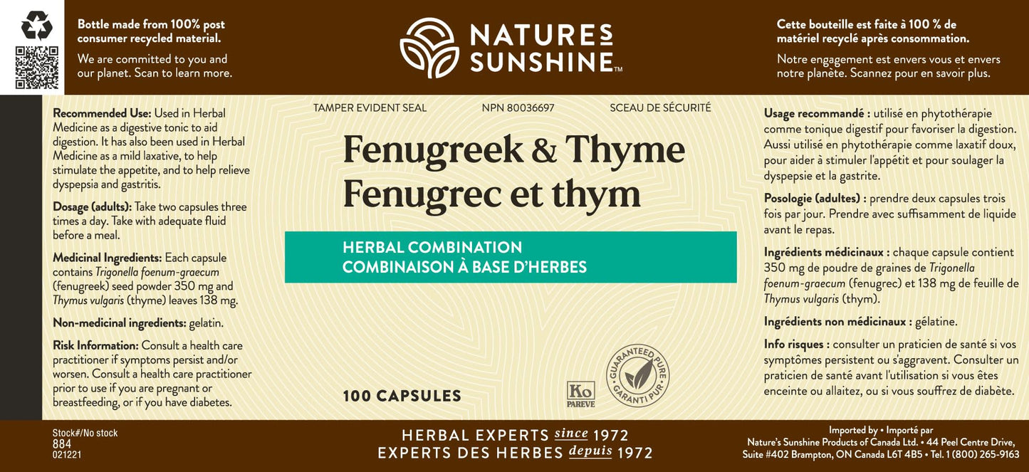 Nature's Sunshine Fenugreek & Thyme Capsules, 100 Count