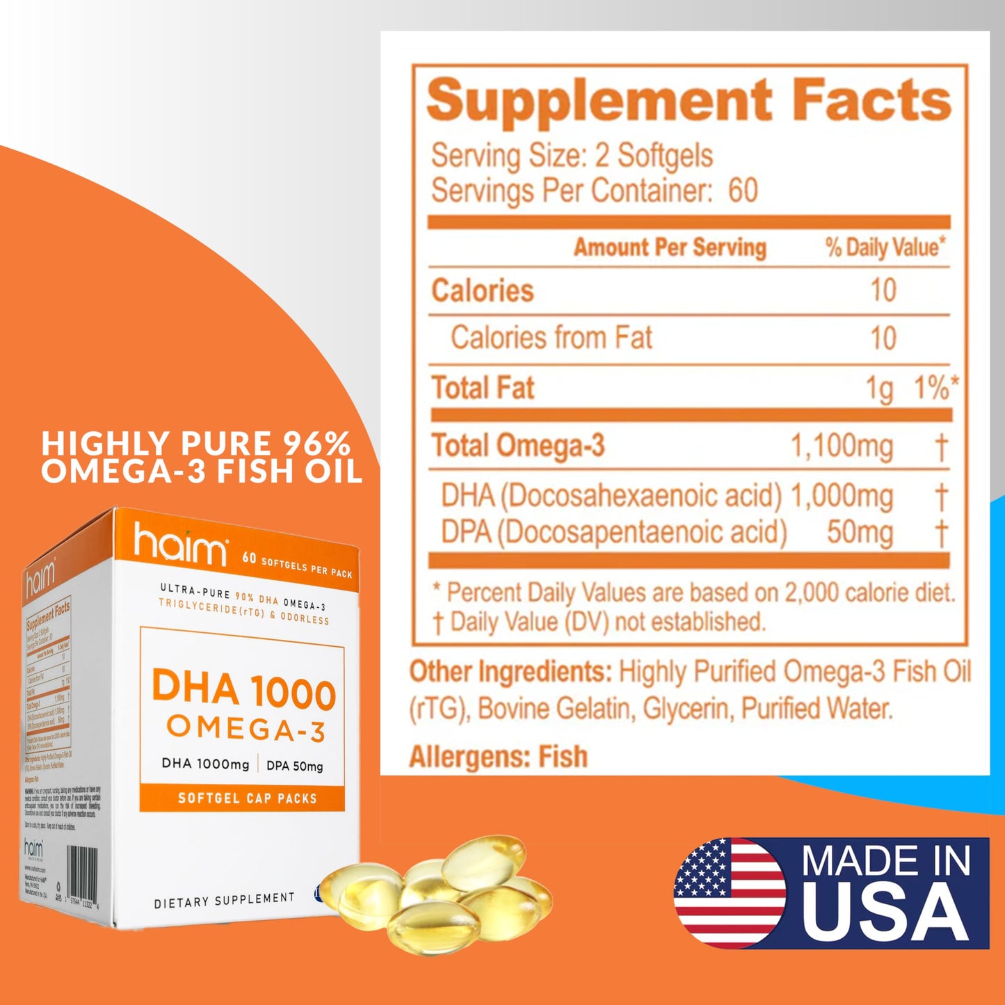 HAIM DHA 1000 Omega-3 Fish Oil Softgels 60 Count