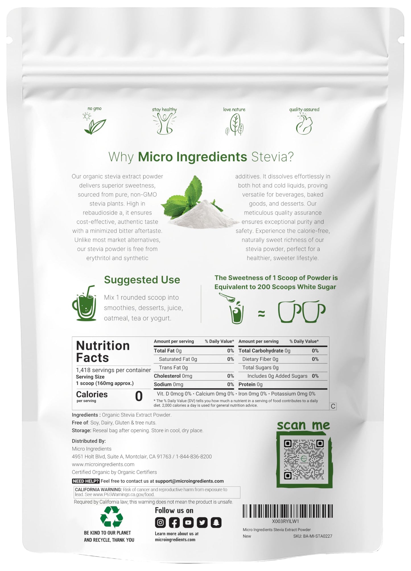 Micro Ingredients Pure Organic Stevia Powder 8 Ounces