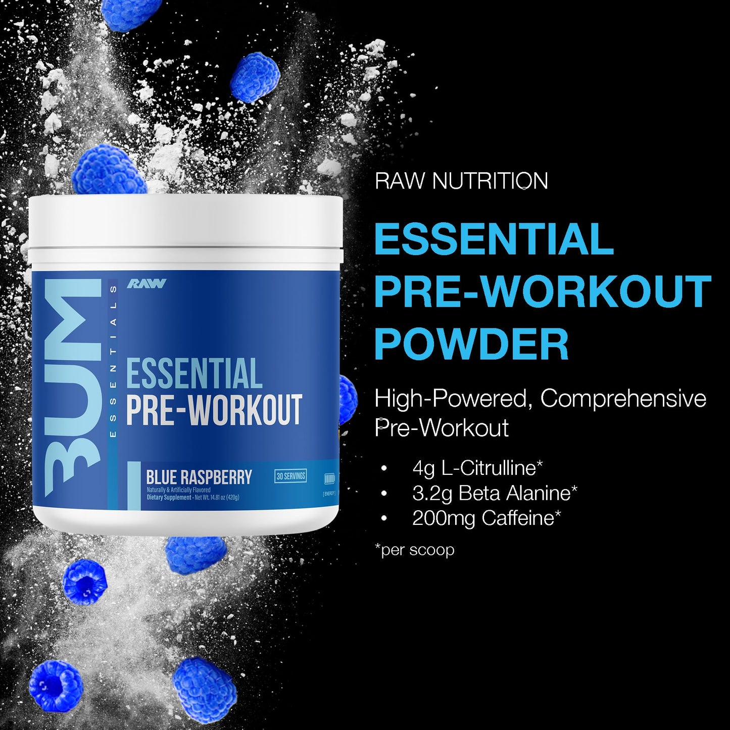 RAW Essential Pre Workout Powder Blue Raspberry 14.39 Ounce
