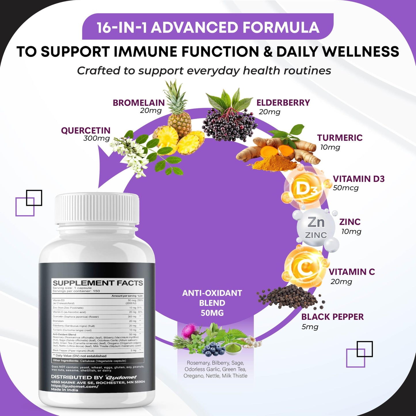 GUDOMET Quercetin Bromelain Zinc Vitamin D3 Elderberry Turmeric Rosemary Bilberry Sage Odorless Garlic Green Tea Milk Thistle Oregano Capsules, 150 Count