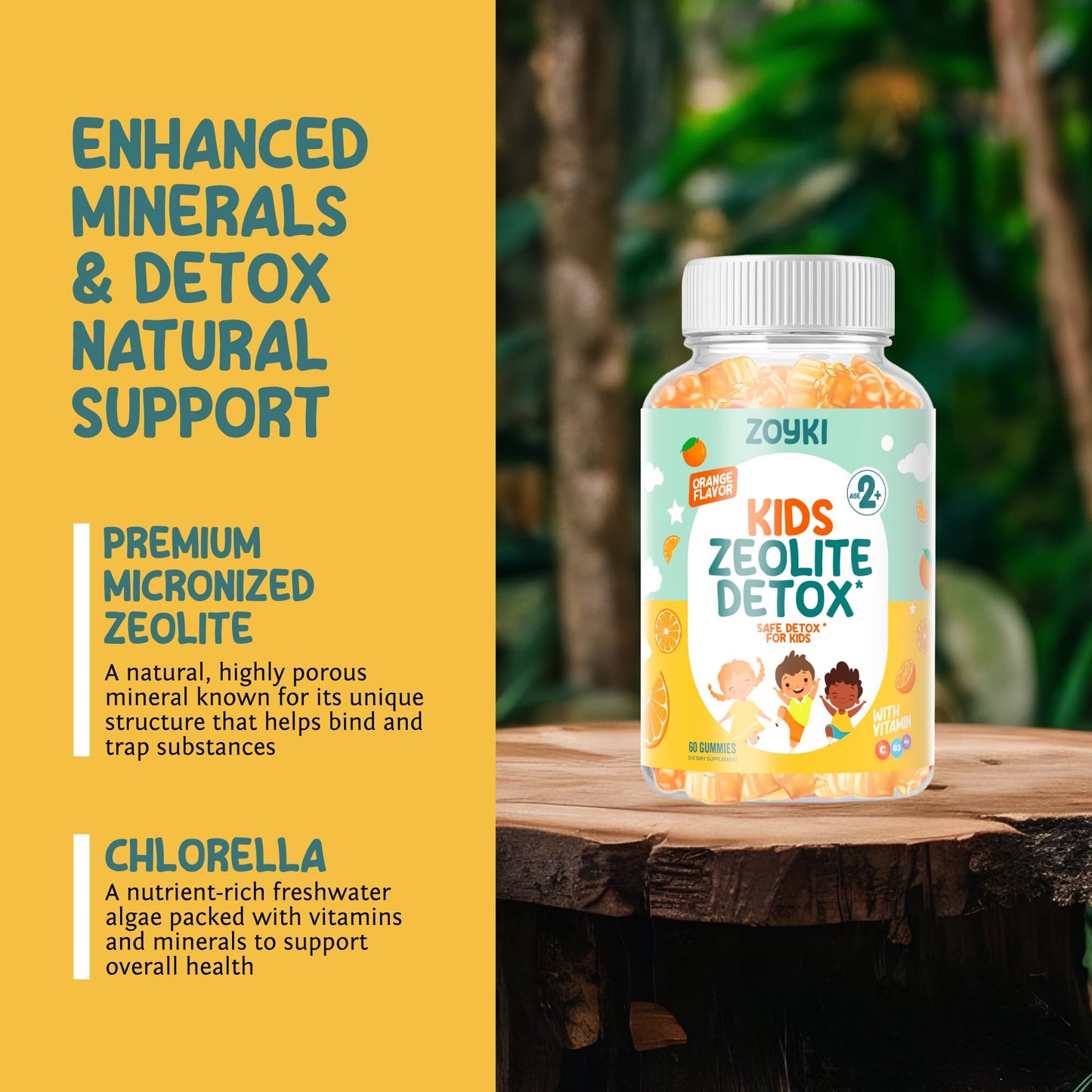 Zoyki Zeolite Detox Gummies for Kids - Orange Flavor, Vegan, Non-GMO Gluten-Free - 60 Gummies