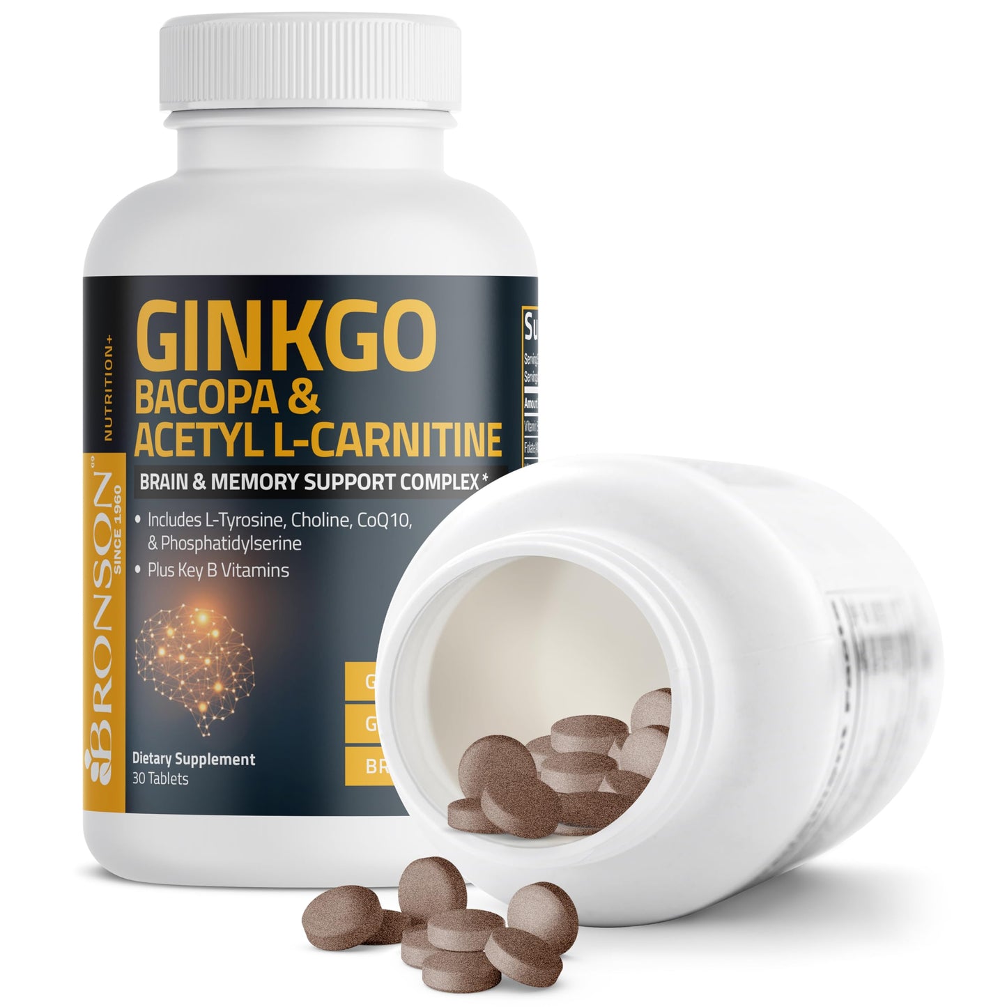 Bronson Ginkgo, Bacopa & Acetyl L-Carnitine Brain & Memory Support Complex with L-Tyrosine, Choline, CoQ10 & Phosphatidylserine Plus Key B Vitamins Non-GMO, 30 Tablets