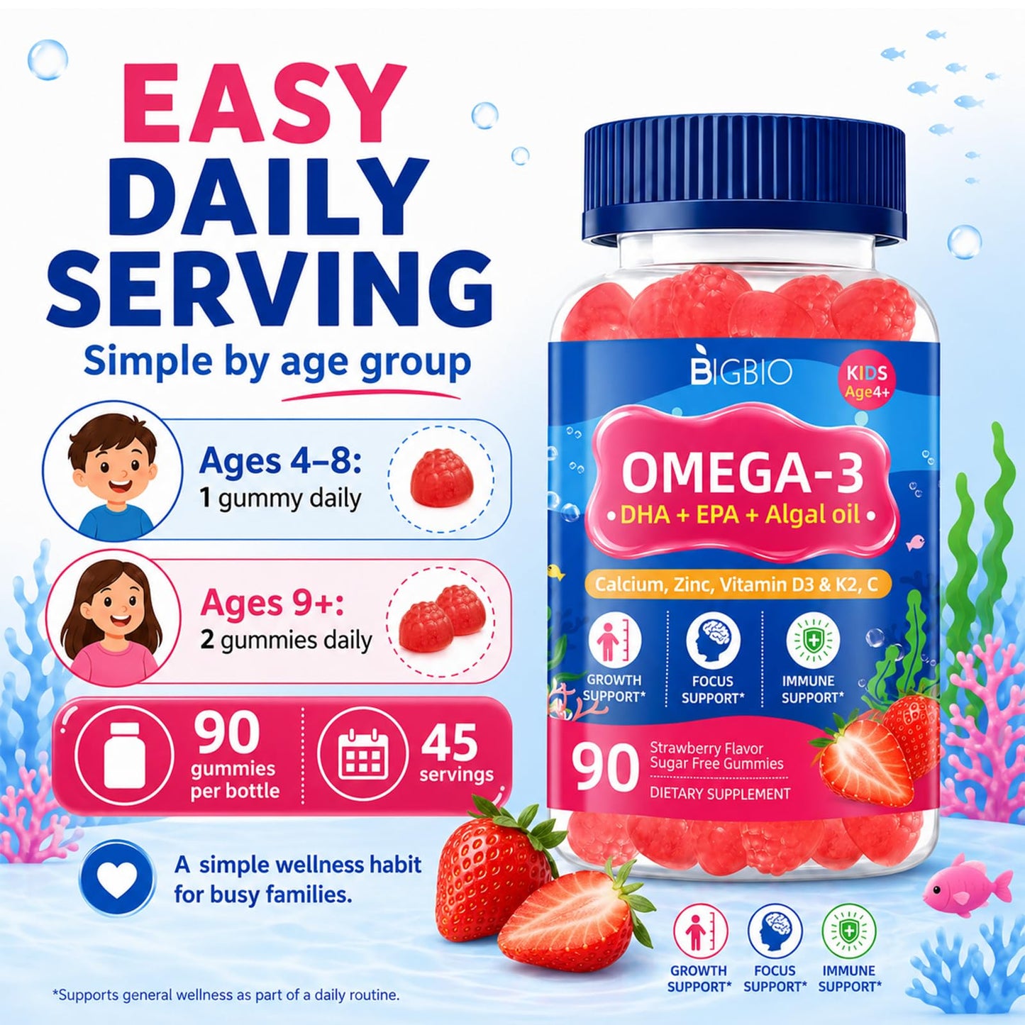 BIGBIO Omega 3 (EPA/DHA) Filled Gummies for Kids 90 Count
