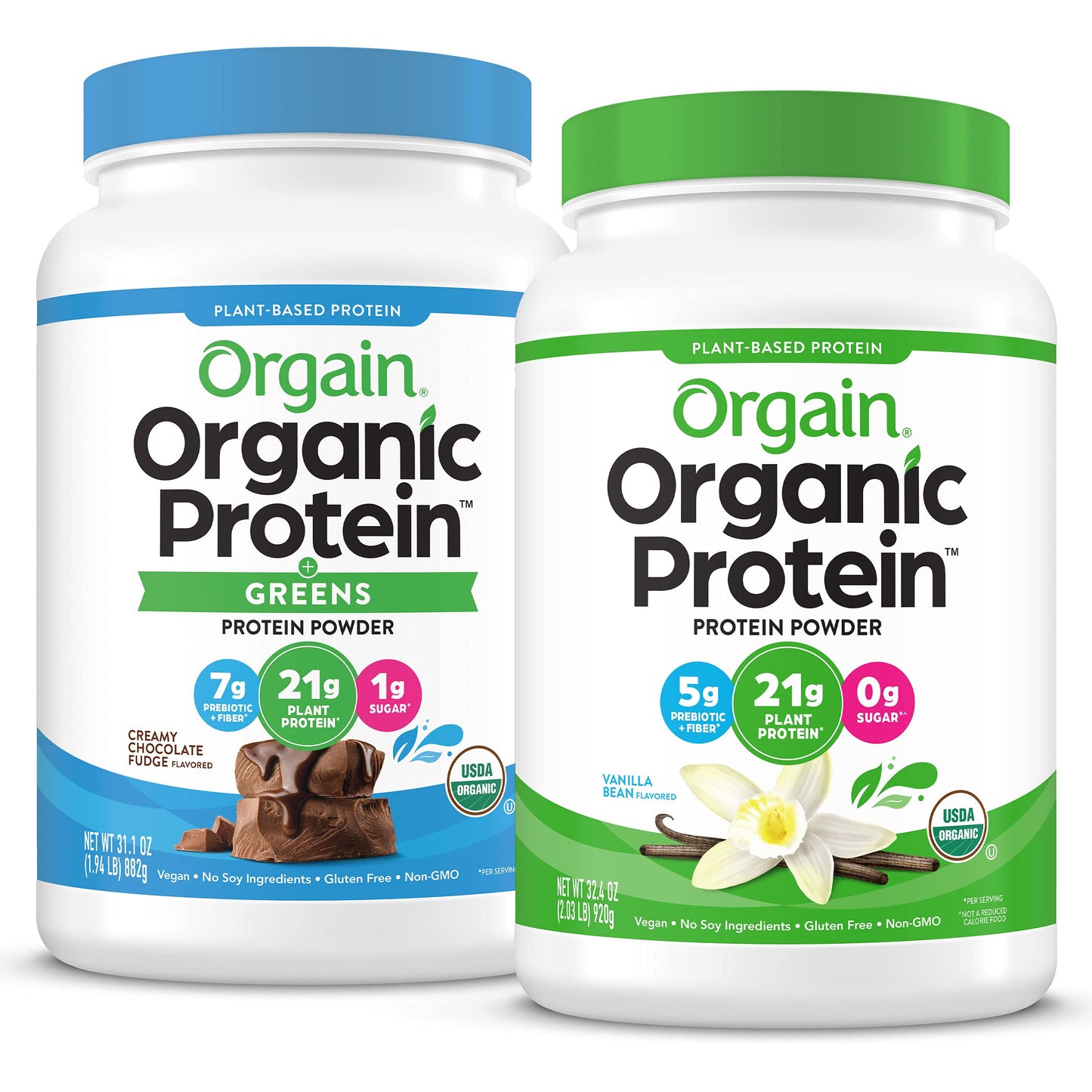 Orgain Organic Vegan Protein Powder + Greens Creamy Chocolate Fudge and Organic Vegan Protein Powder Peanut Butter Bundle, 1 Bundle
