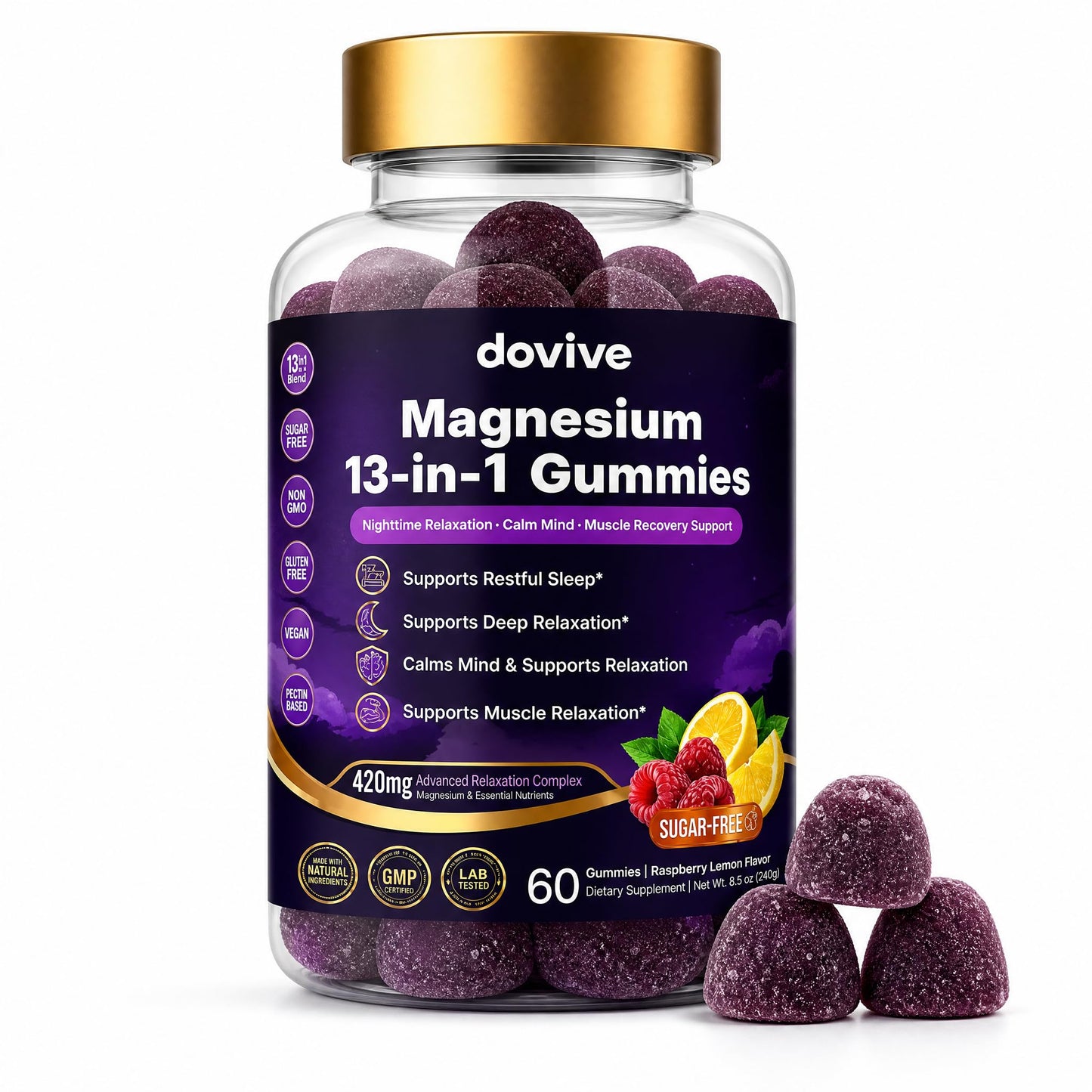 DOVIVE Magnesium Gummies with L-Theanine 200mg – Raspberry Lemon, 60 Count