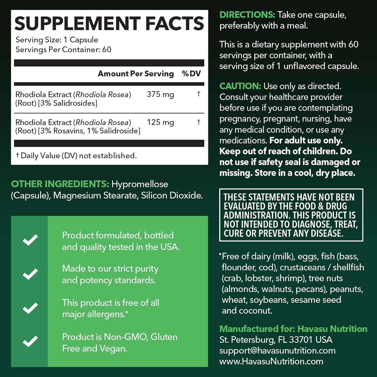 HAVASU NUTRITION Rhodiola Rosea Capsules 60 Count