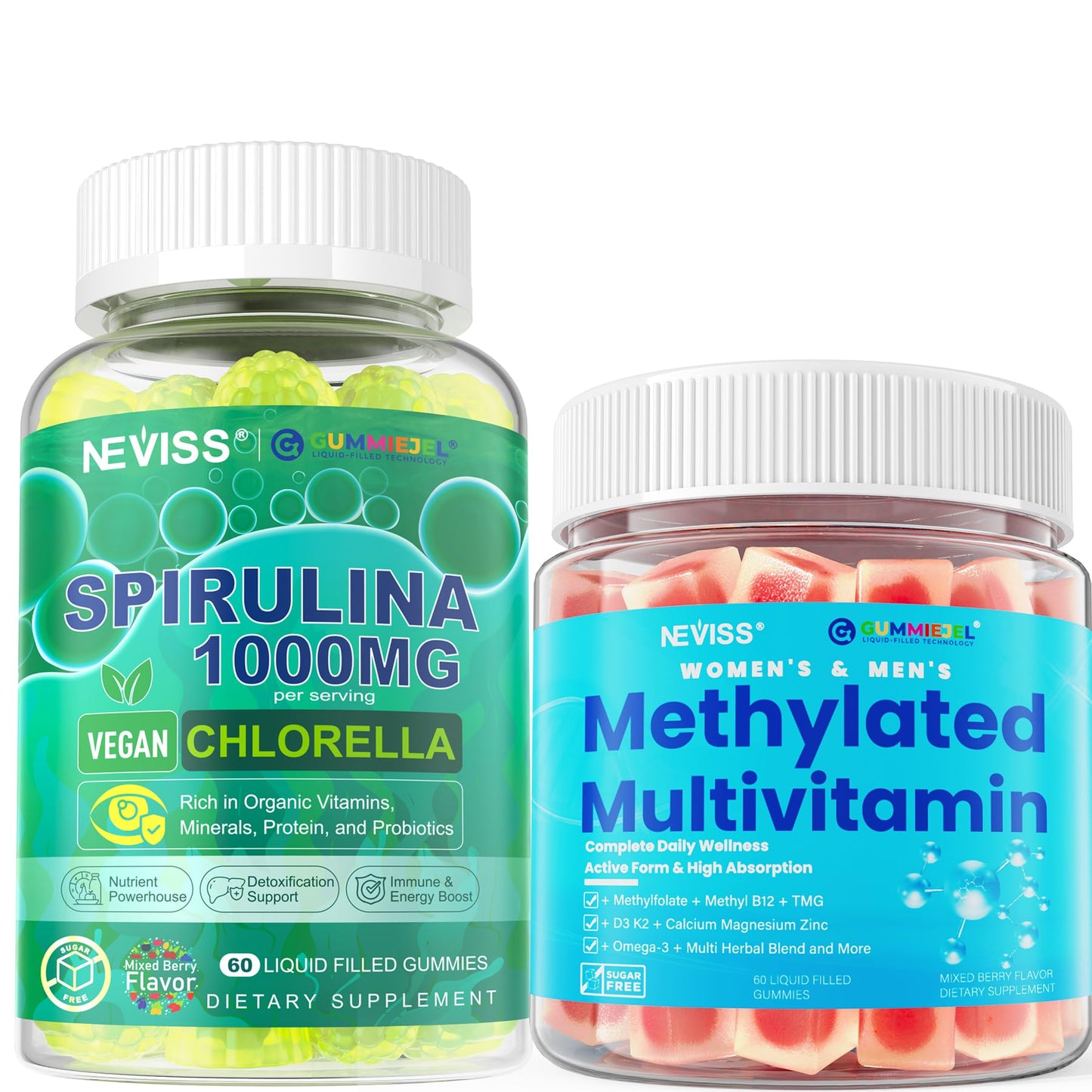 NEVISS Methylated Multivitamin, Organic Spirulina & Chlorella Gummies, 120 Count