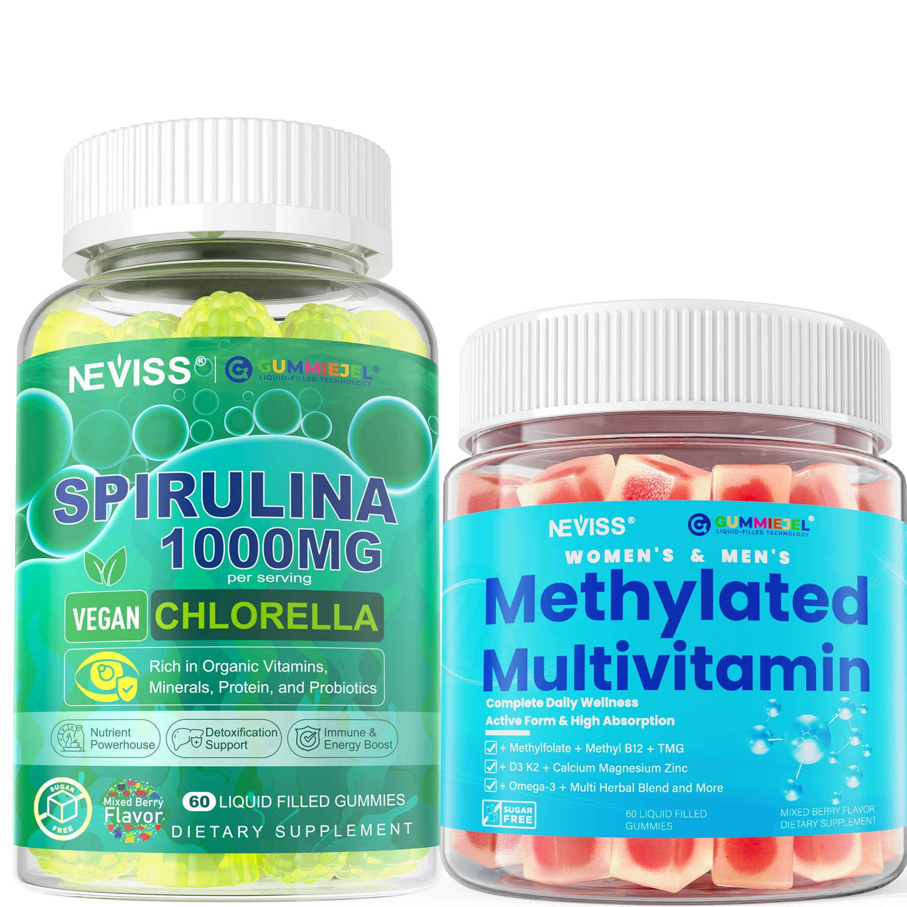 NEVISS Methylated Multivitamin, Organic Spirulina & Chlorella Gummies, 120 Count