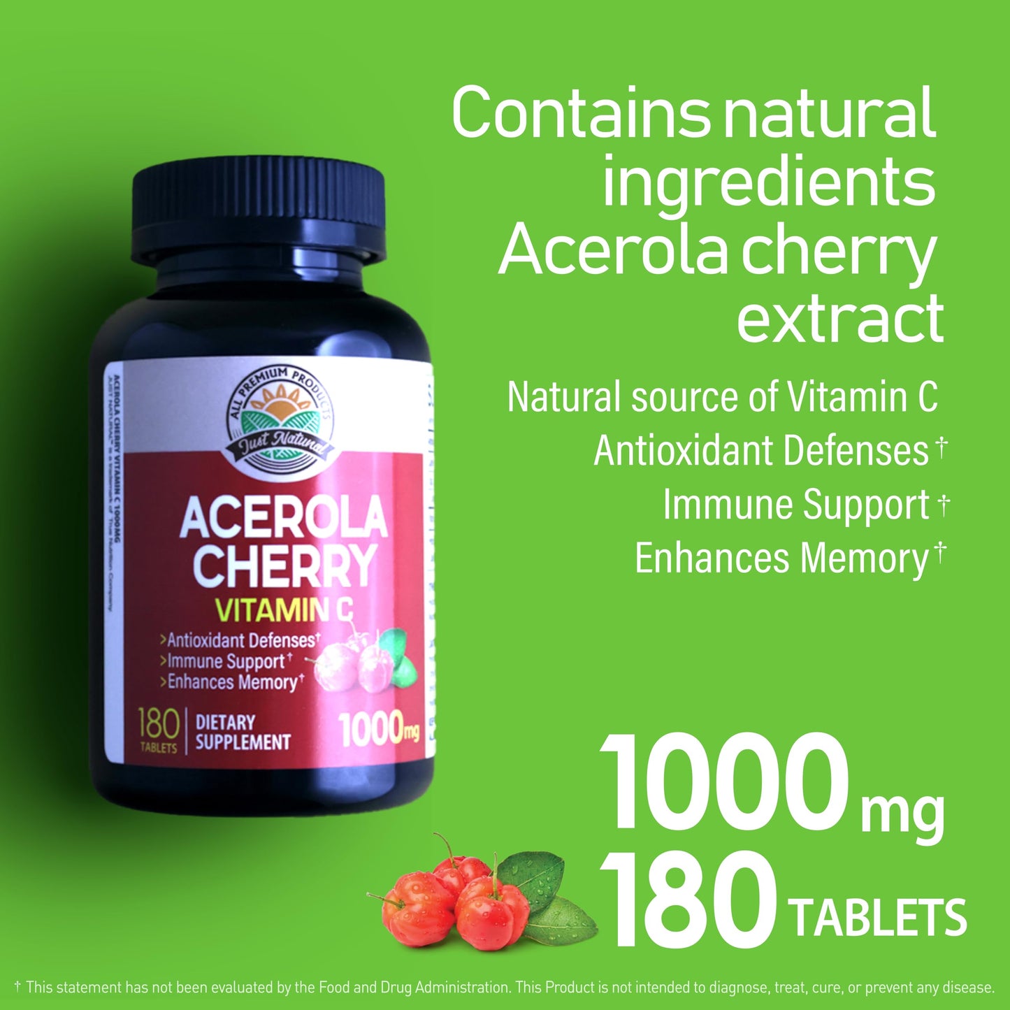 NANOWELL Acerola Cherry Vitamin C 1000mg Tablets, Immune Support, 540 Tablets