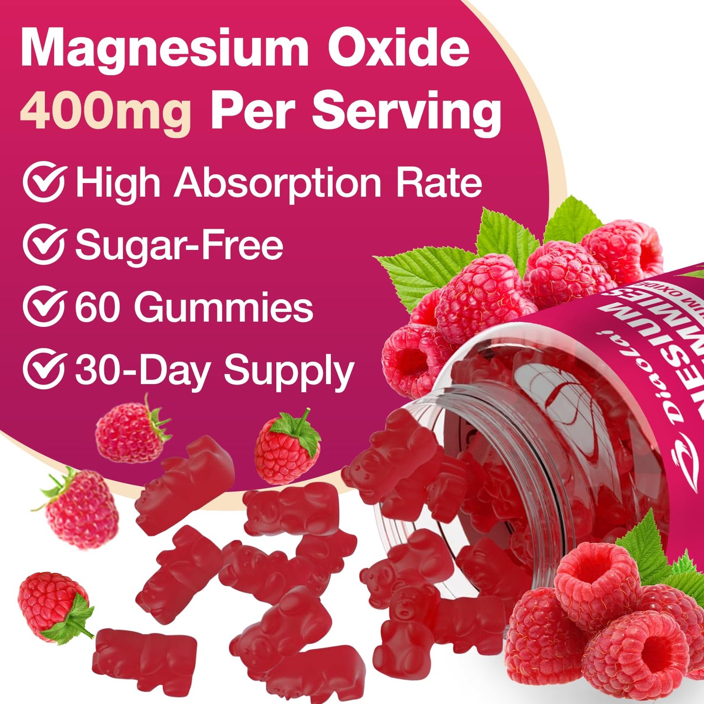 DIAOLAI Magnesium Oxide Gummies 400mg for Nerve & Muscle Support, Chewable Raspberry Flavor, Sugar-Free, Non-GMO, 120 Count