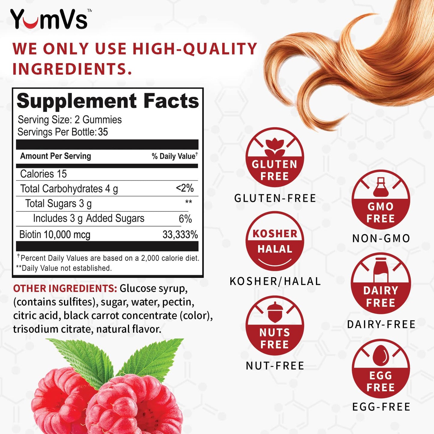 YUM-V'S Biotin Gummies 10,000mcg for Hair Growth – Non-GMO Vegan Biotin Supplement for Women – 70 Count
