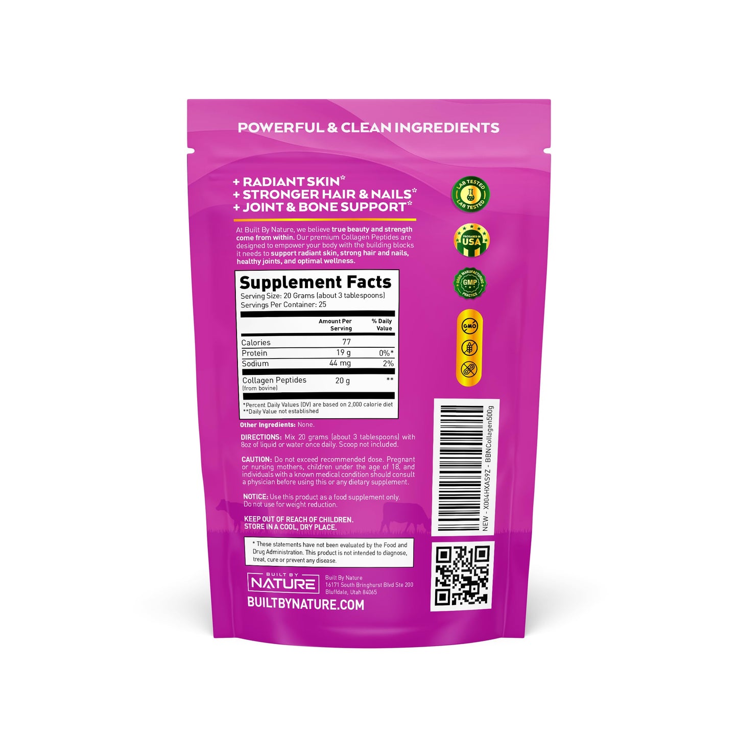 Built by Nature Collagen Peptides Powder Unflavored, Grass Fed, Non-GMO, 1.1 Pound