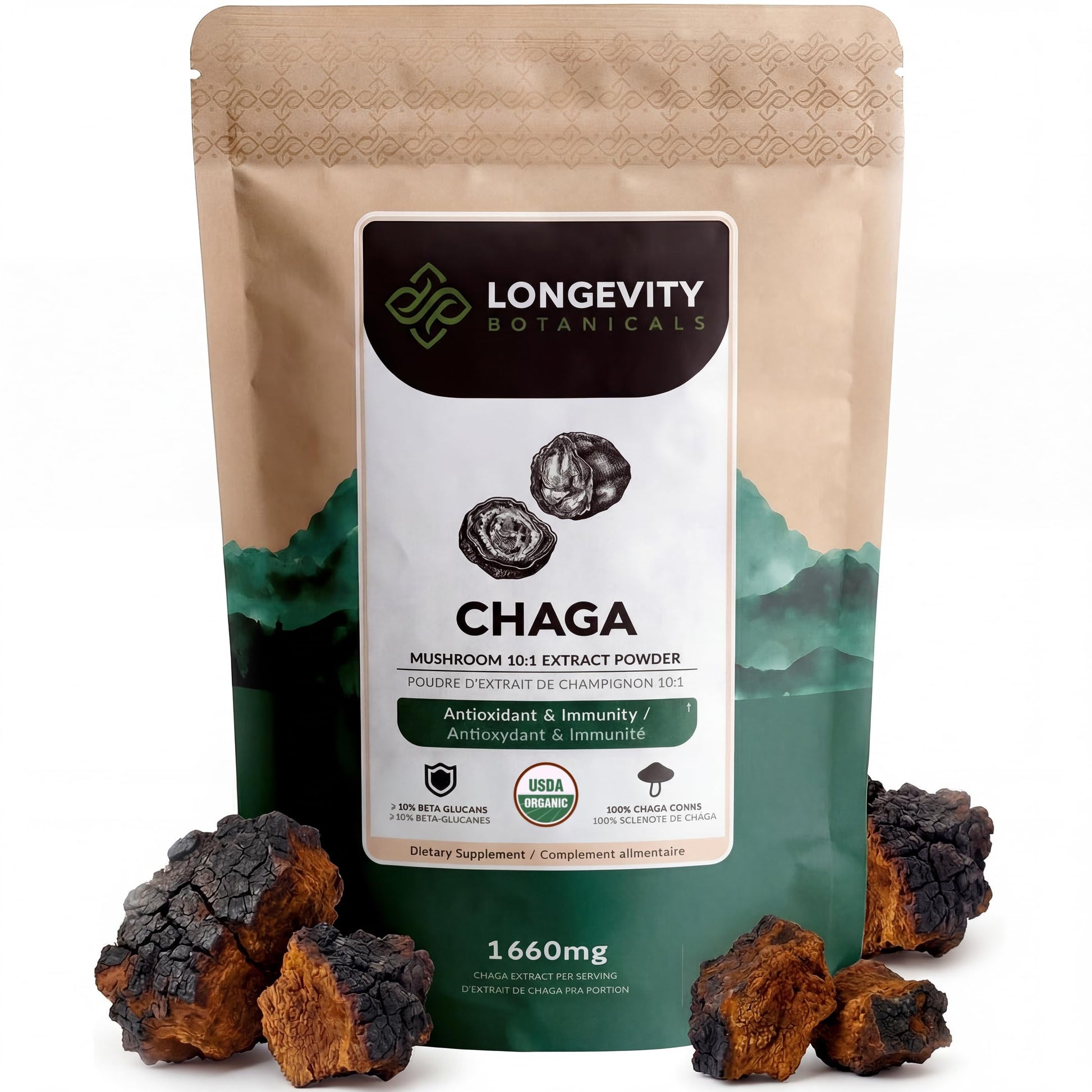 Longevity Botanicals Organic Chaga Mushroom Powder Supplement Extract 3.53 Ounce