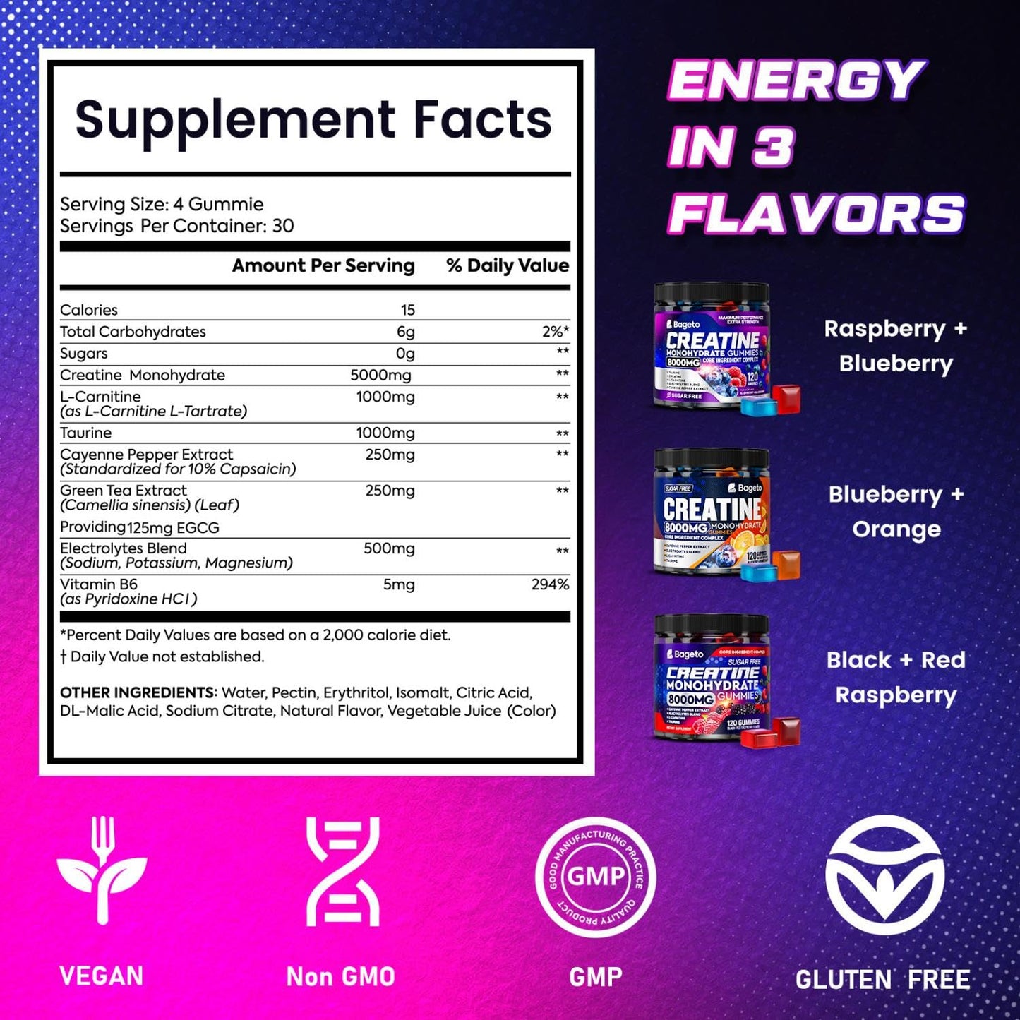 Bageto Creatine Gummies, 120 Count
