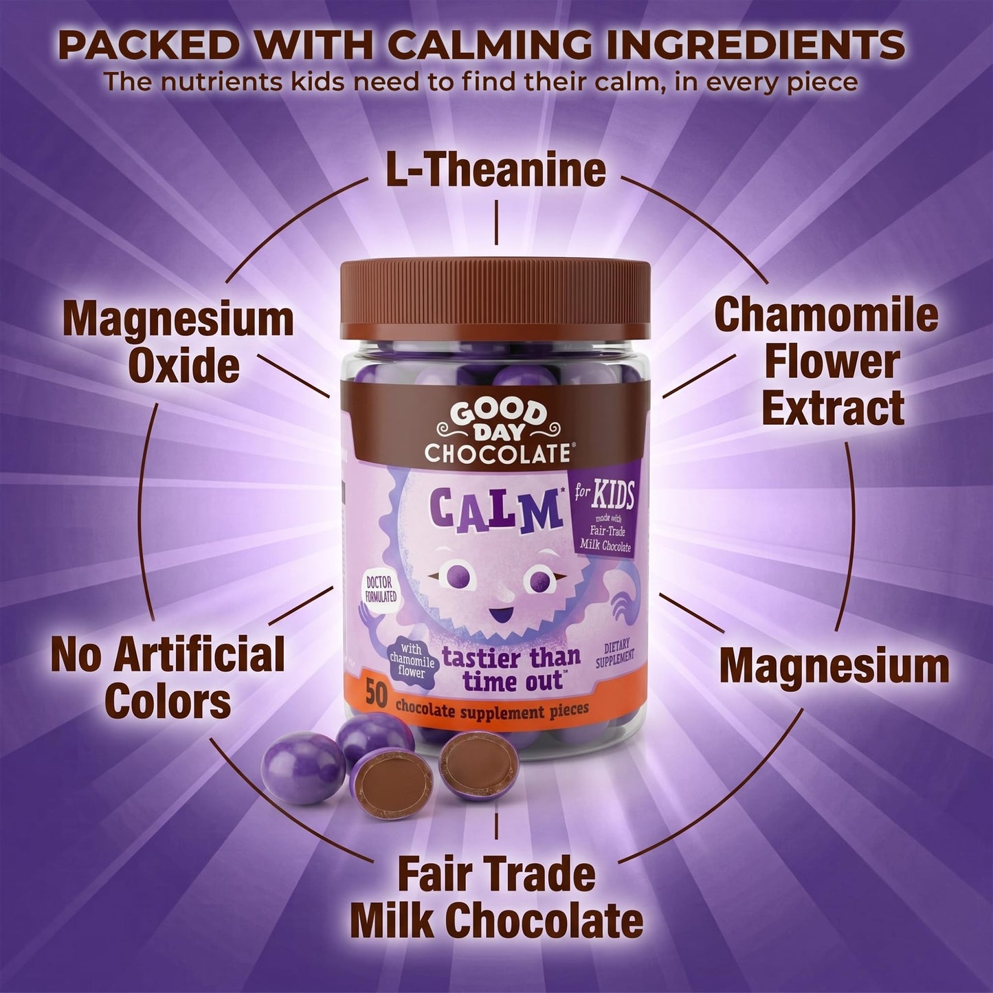 Good Day Chocolate Natural Calming Supplement for Kids, Blend of Camomile, L-Theanine, Fair Trade and Non-GMO Chocolate Gummy, 50 Gummies