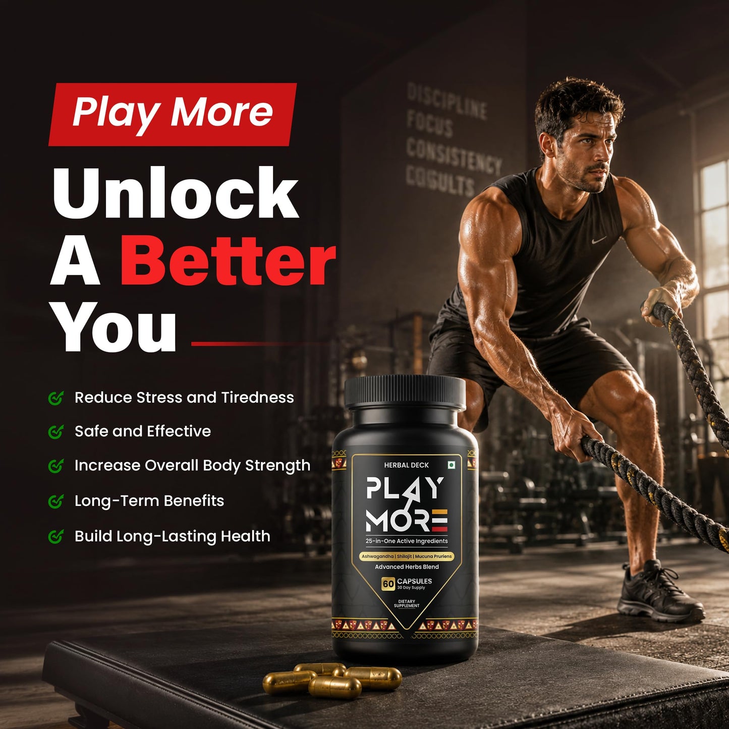 HERBAL DECK Play More Men's Herbal Supplement 60 Capsules