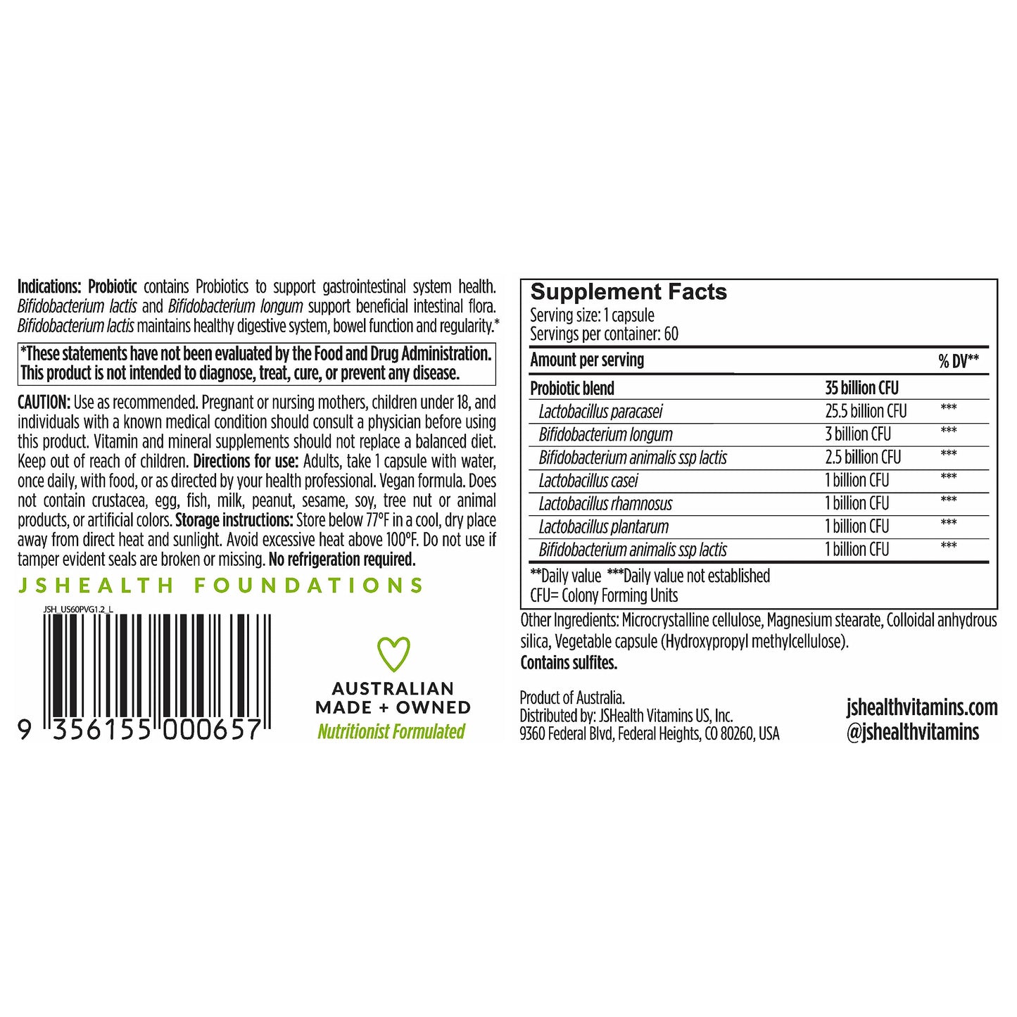 JSHealth Gut Health and Immunity Formula Probiotics 60 Capsules