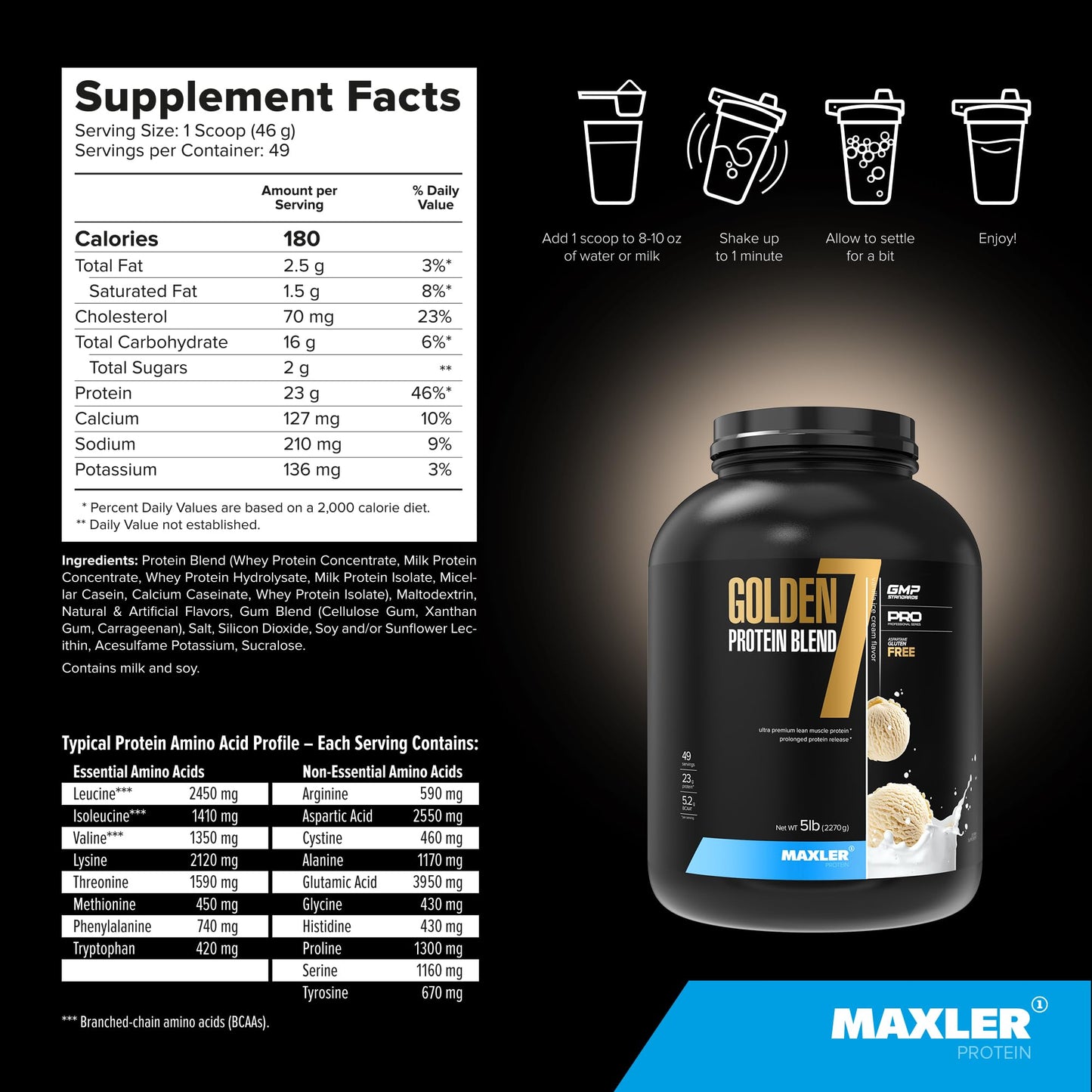 Maxler Golden 7 Protein Blend Protein Powder Vanilla 5 lb 80 Servings