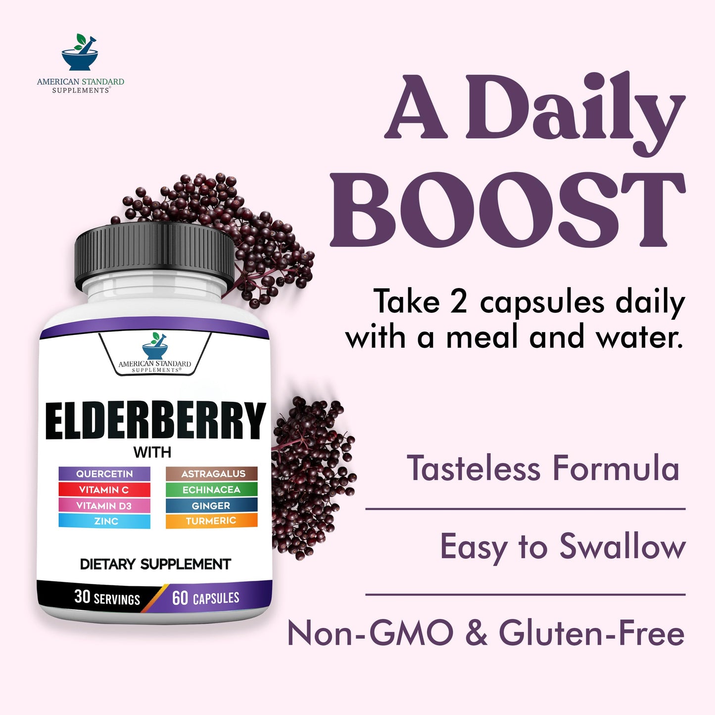 American Standard Supplements Elderberry Extract with Quercetin, Vitamin C, D3, Ginger, Zinc, Turmeric, Astragalus and Echinacea Capsule, 60 Count