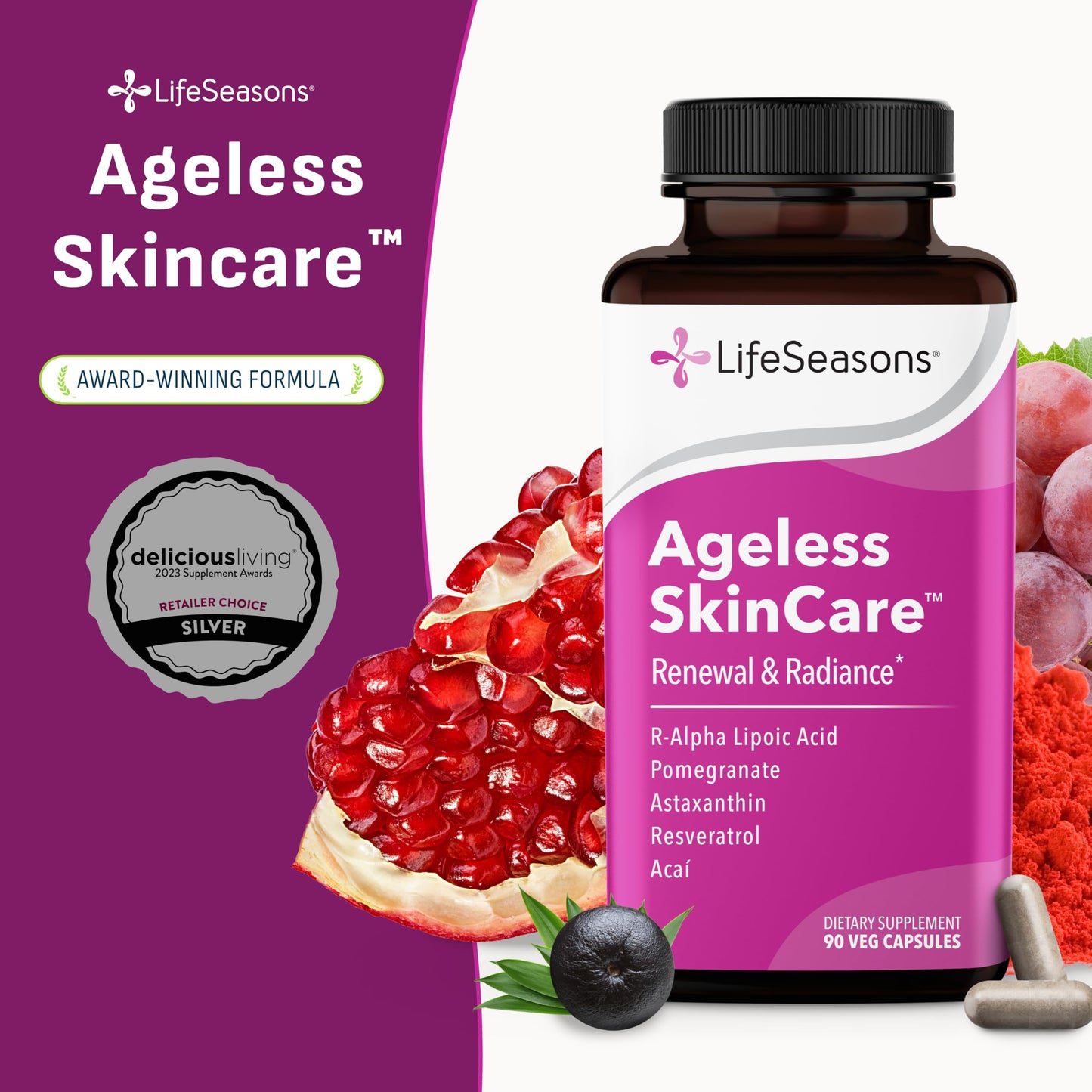LifeSeasons Ageless Skincare Anti Aging Supplement Antioxidant Support Moisturizes & Nourishes Skin Acai Berry Astaxanthin Resveratrol R-Alpha Lipoic Acid & Pomegranate Extract Capsule 90 Count