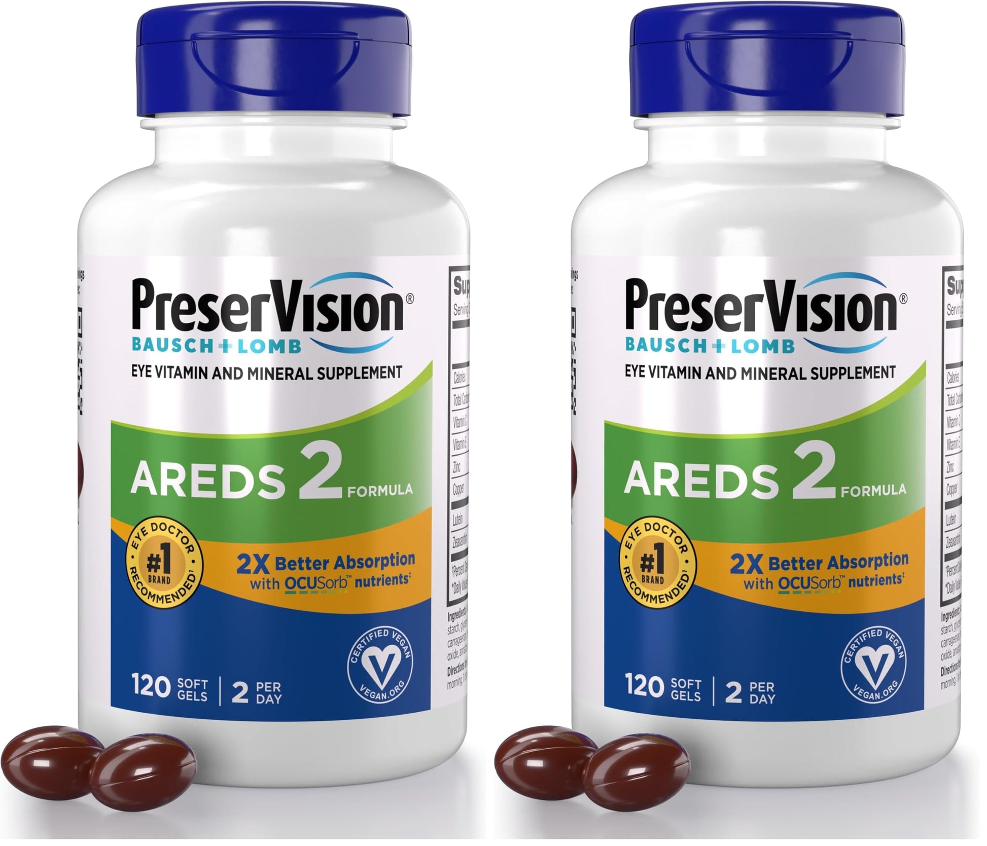 PreserVision AREDS 2 Eye Vitamin & Mineral Supplement with OCUSorb,120 Vegan Soft Gels,Contains Lutein,Zeaxanthin,Vitamin C & E,Zinc,&-Copper,Eye Health Supplements for Adults,(Pack of 2)