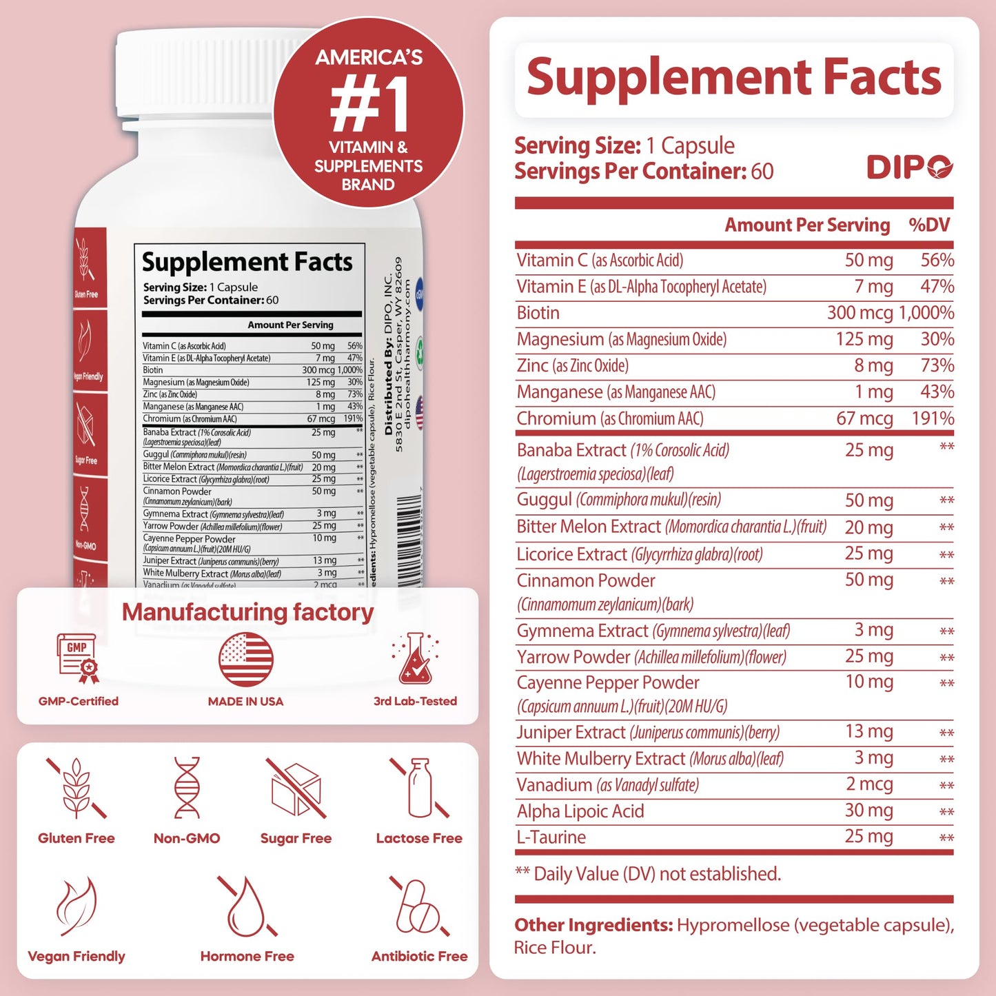 DIPO HEALTH HARMONY Blood Sugar Plus Multi-Vitamin with Biotin, Chromium, Cinnamon, Banaba Extract & Alpha Lipoic Acid Glucose & Carbohydrate Metabolism Support, 60 Capsules