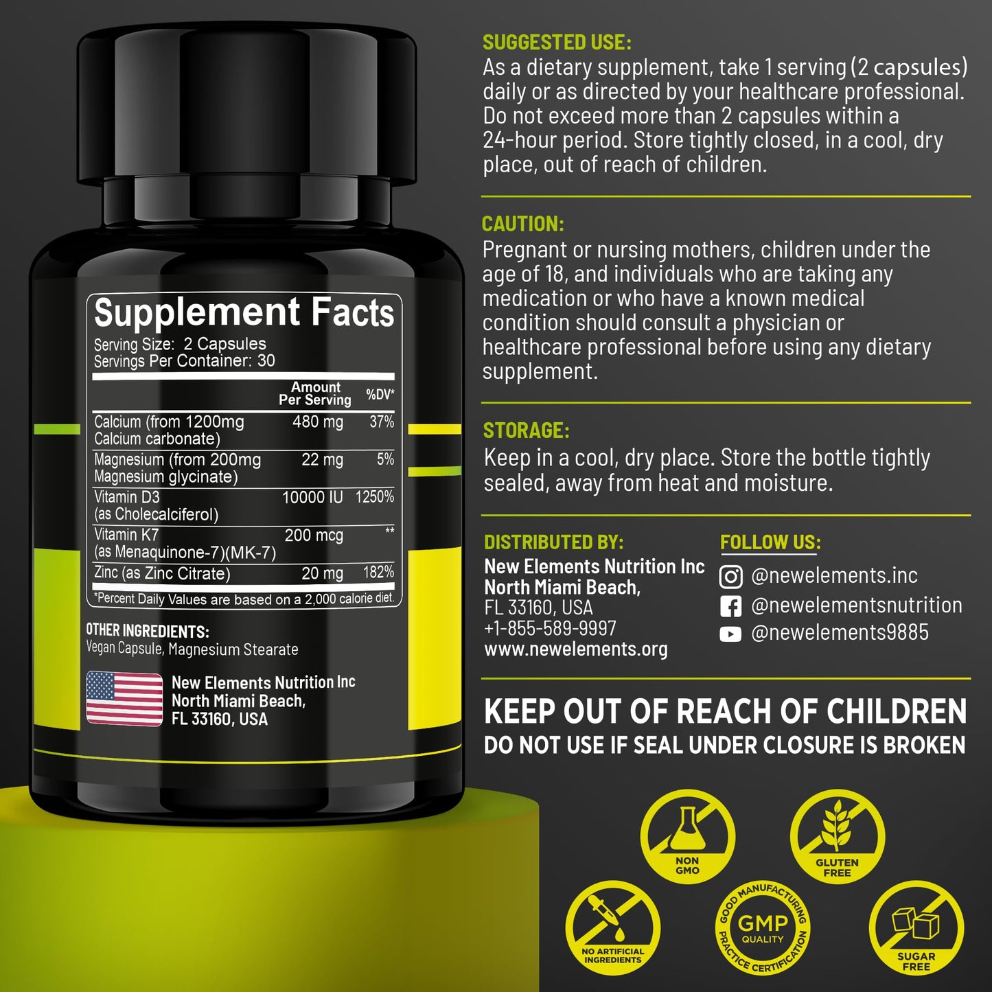New Elements Vitamin D3 K2 with Magnesium Glycinate + Zinc & Calcium 60 Capsules