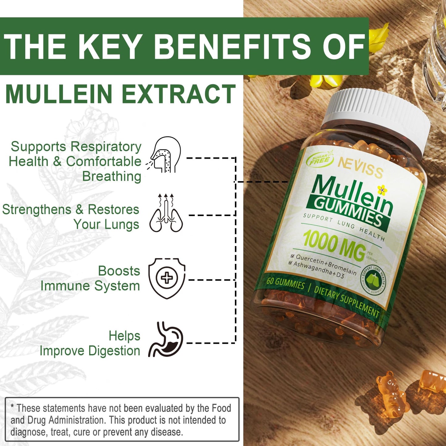 NEVISS Mullein Gummies 1000mg Organic Mullein Leaf Extract with Quercetin & Bromelain, D3 for Digestive Support, Immune Booster, Sugar Free, Vegan, 60 Count