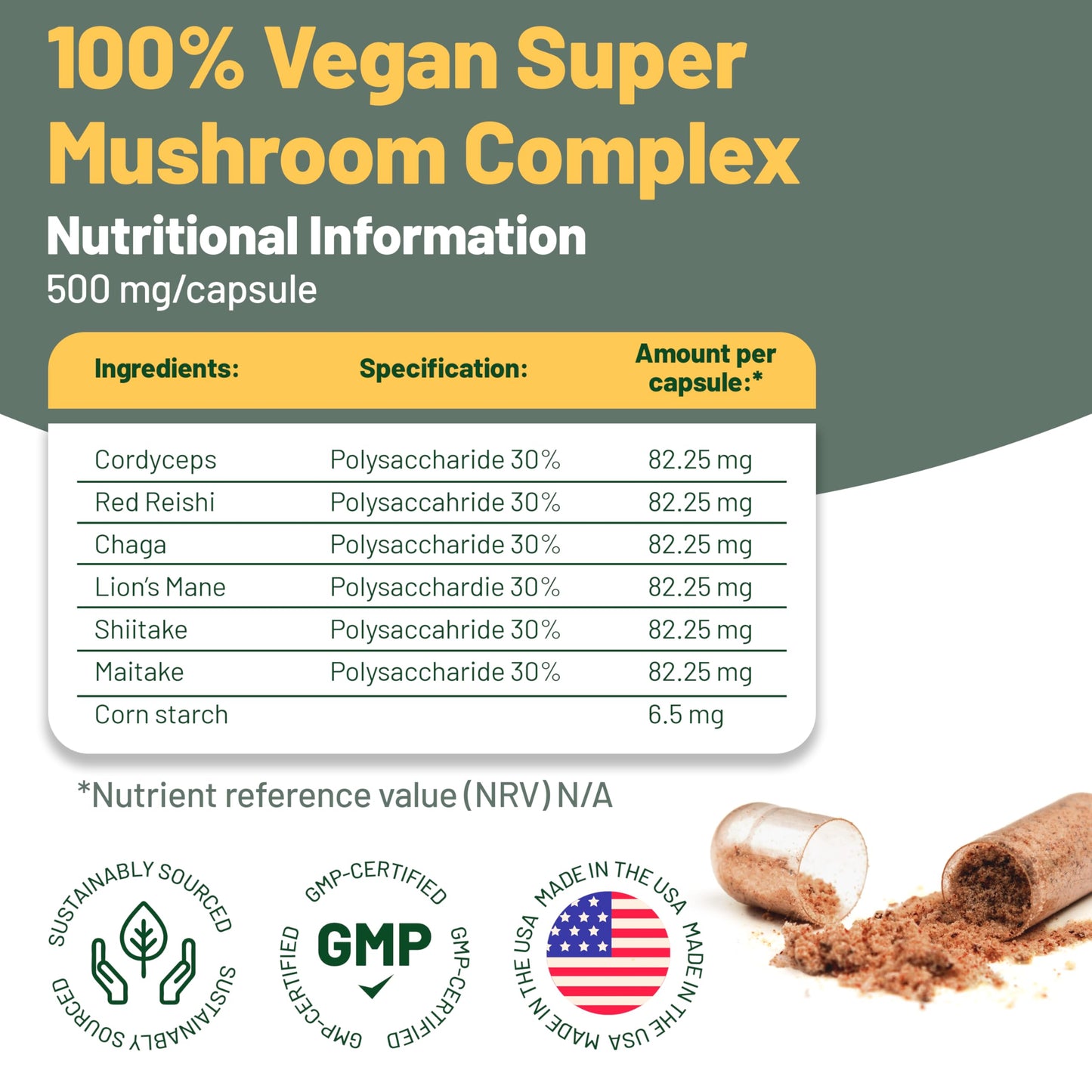 Vegan Vitality Multi Mushroom Supplement Complex Capsules, 60 Count