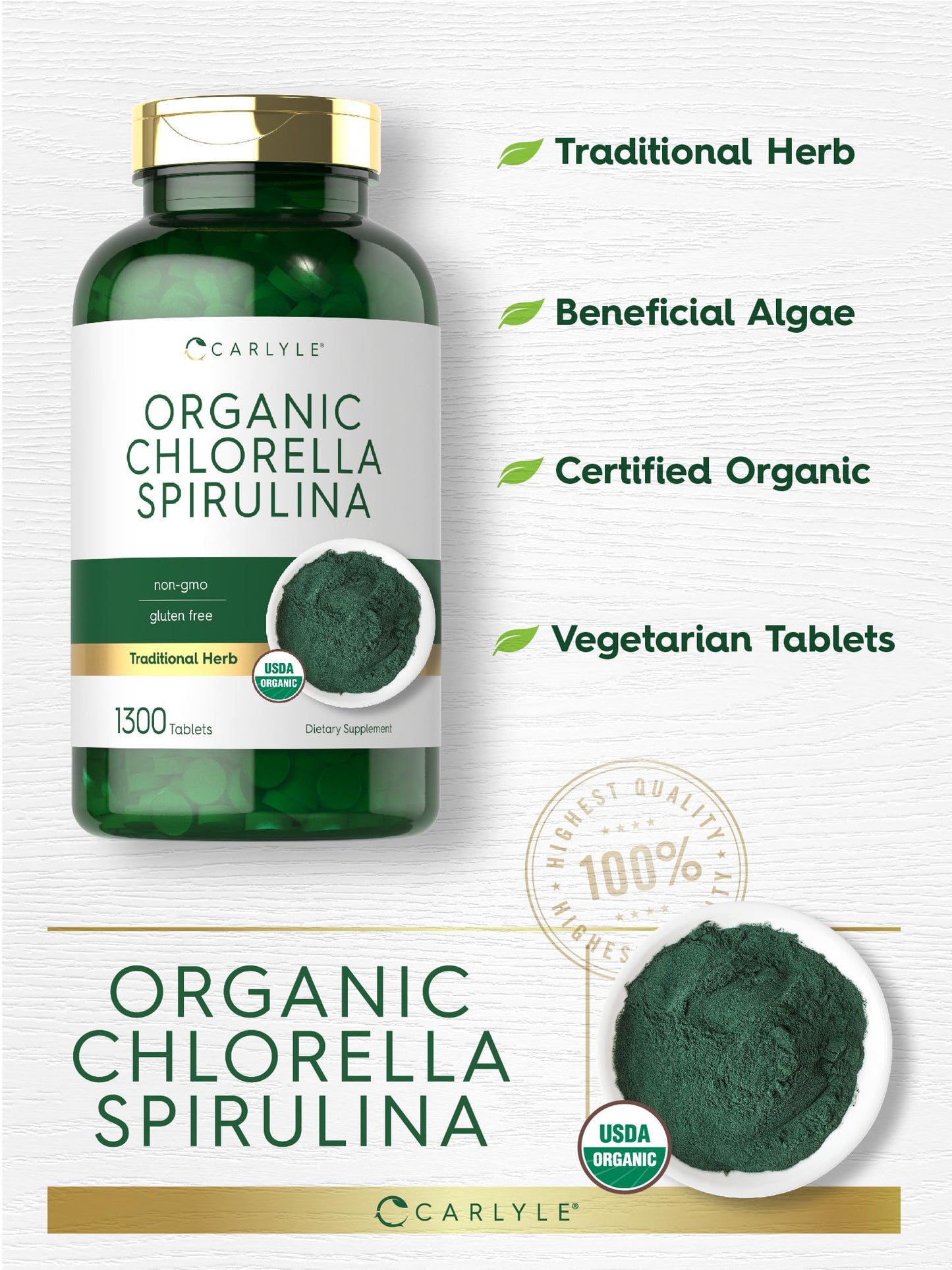 Carlyle Organic Chlorella Spirulina Tablets 1300 Count