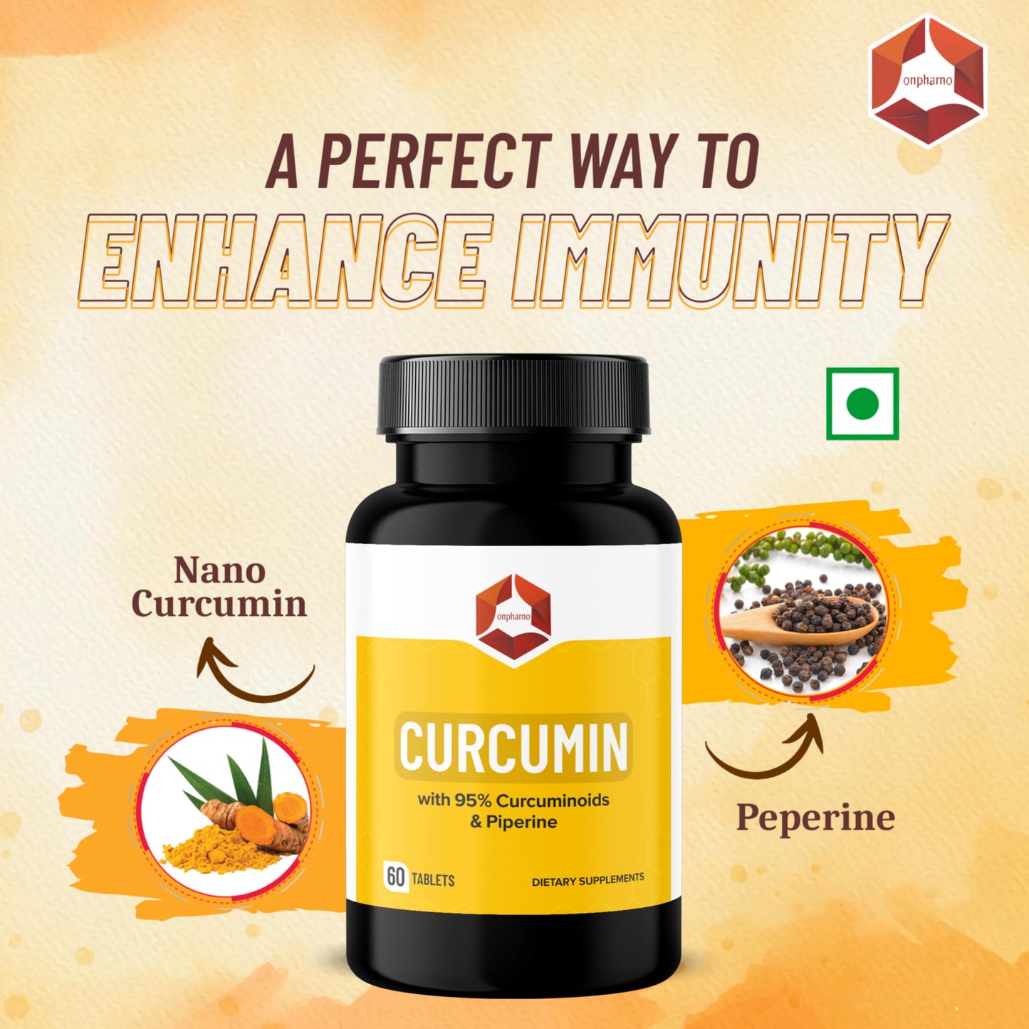 Onpharno Curcumin Tablets with 95% Curcuminoids & Piperine, Turmeric Extract with Black Pepper, 60 Tablets