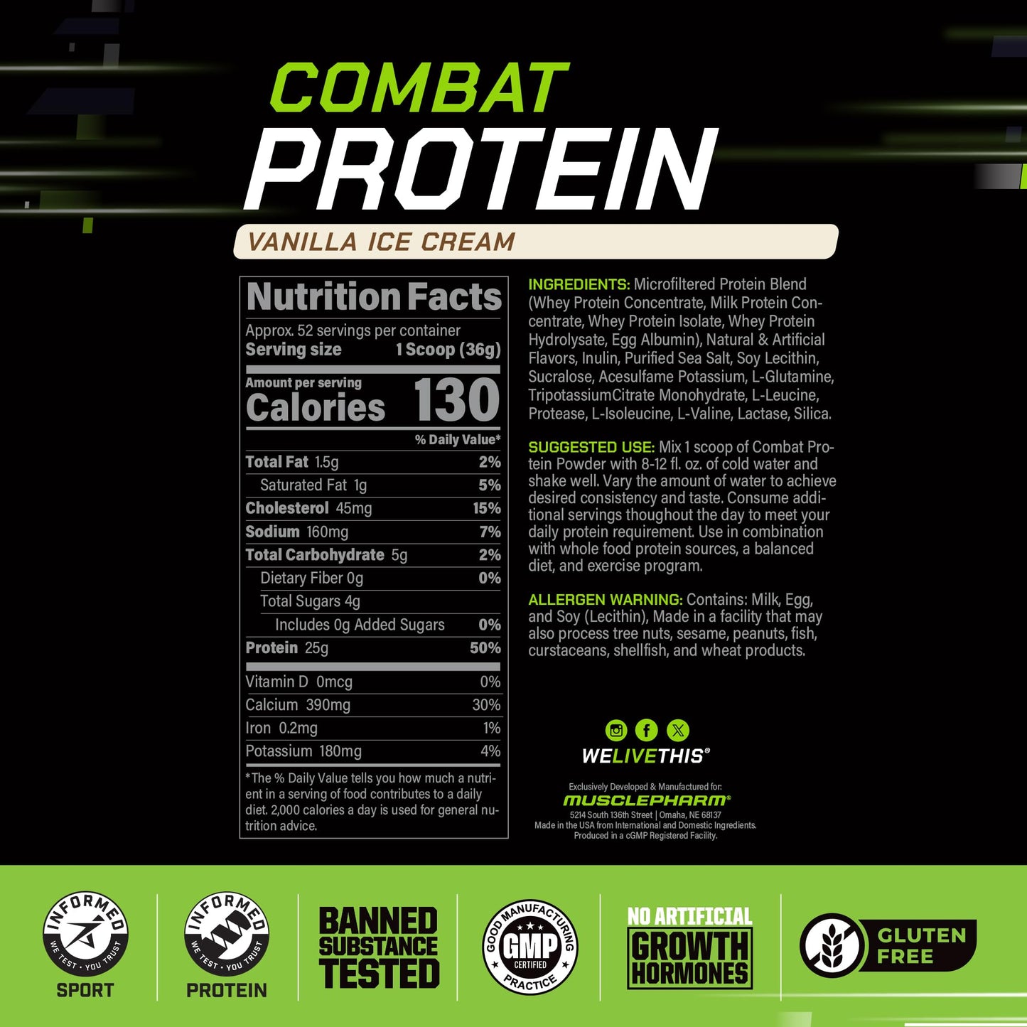 Muscle Pharm Combat Protein Powder Vanilla Flavor, 4 lb, 52 Servings