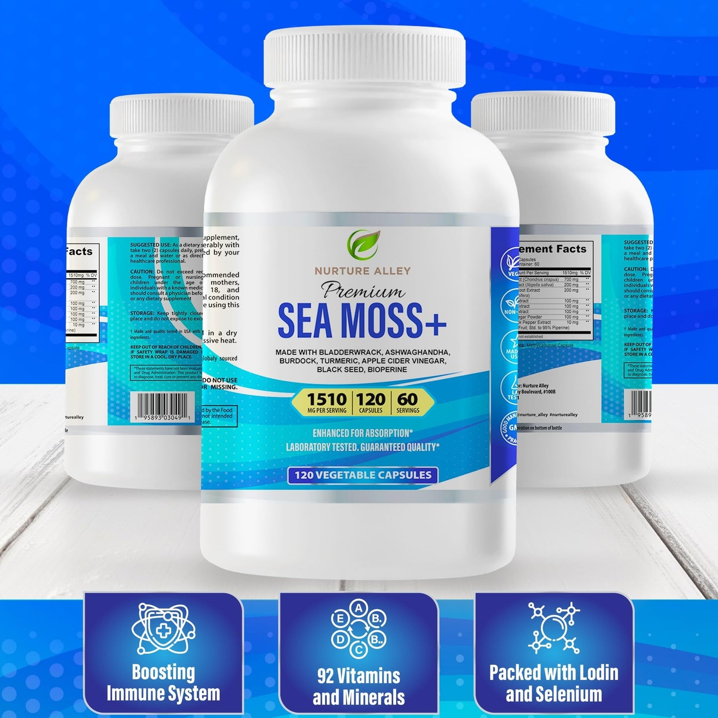 NURTURE ALLEY 8-in-1 Sea Moss & Black Seed Complex with Ashwagandha, Turmeric, Burdock, Bladderwrack, Apple Cider Vinegar & BioPerine Capsule, 120 Count