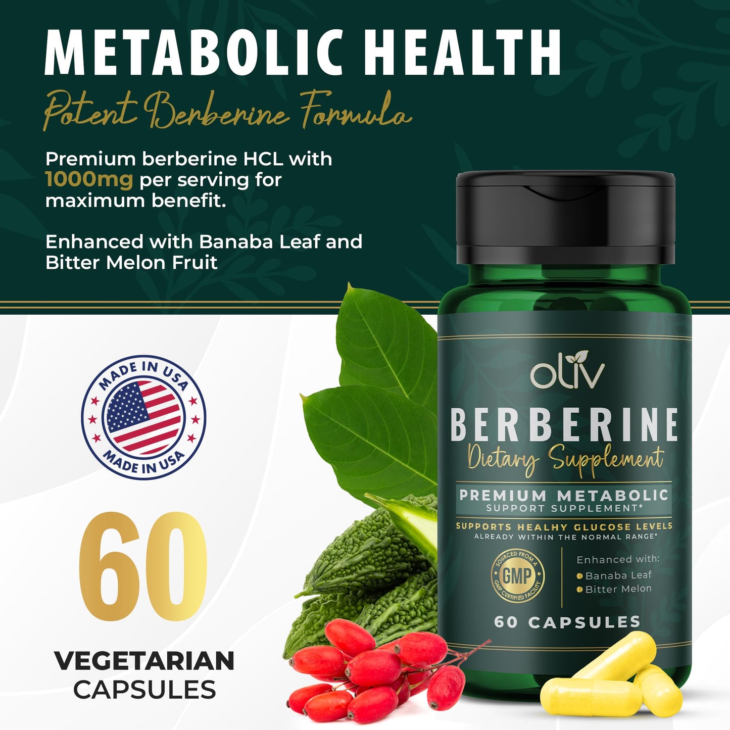 oliv Pure Berberine Supplement 60 Capsules