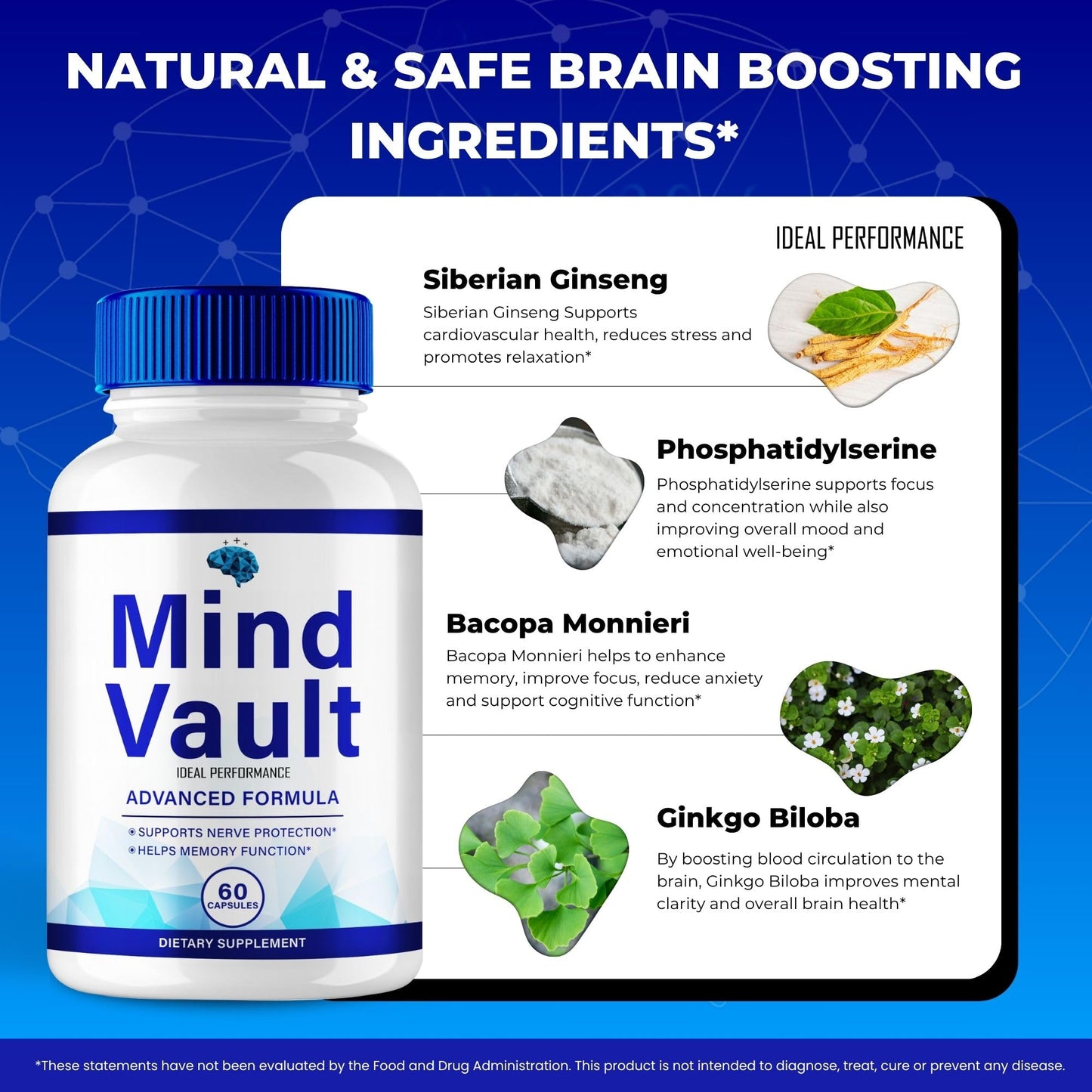 IDEAL PERFORMANCE Mind Vault Brain & Memory Supplement Capsules, 60 Capsules