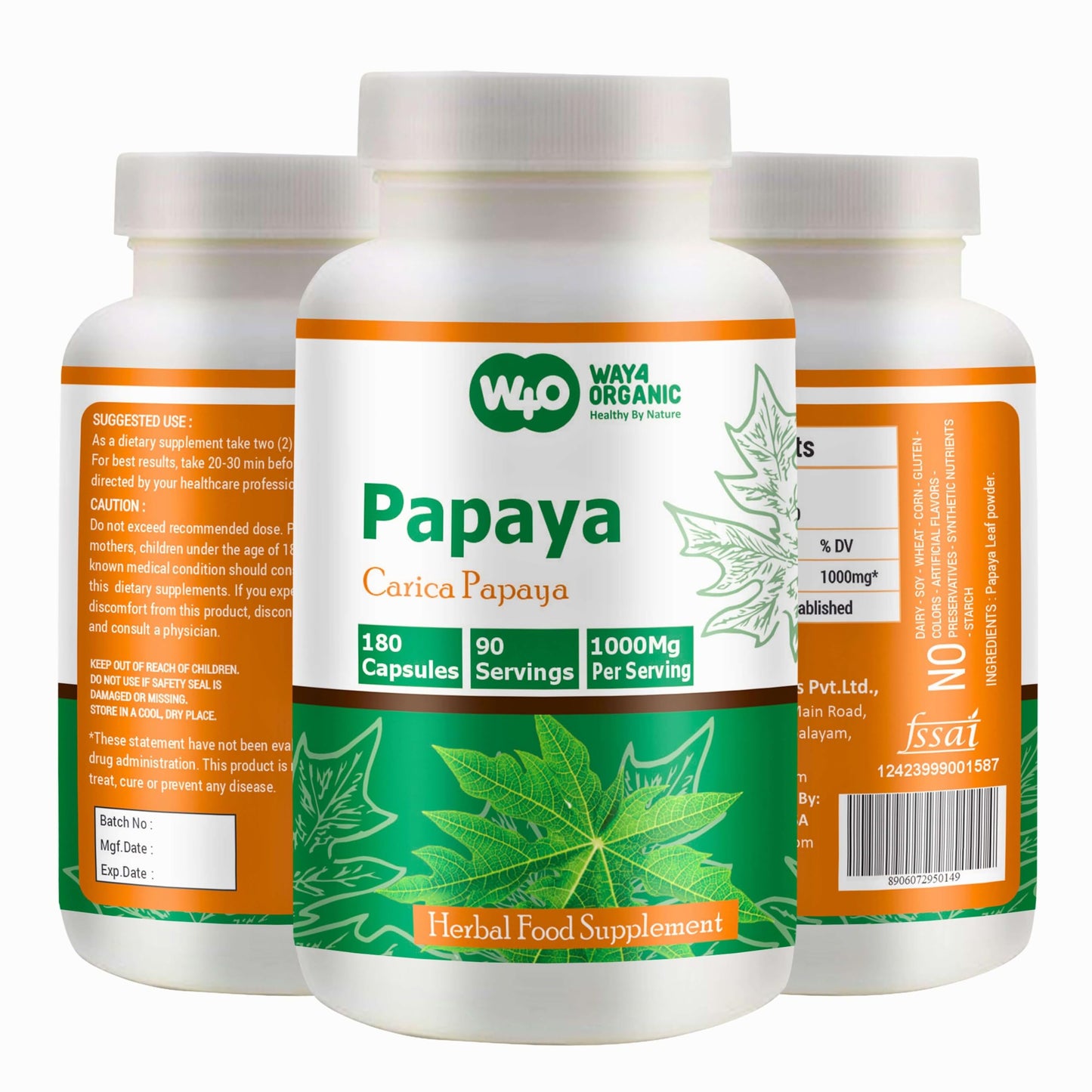 WAY 4 ORGANIC W4O Papaya Leaf Extract Capsules, 1 Count