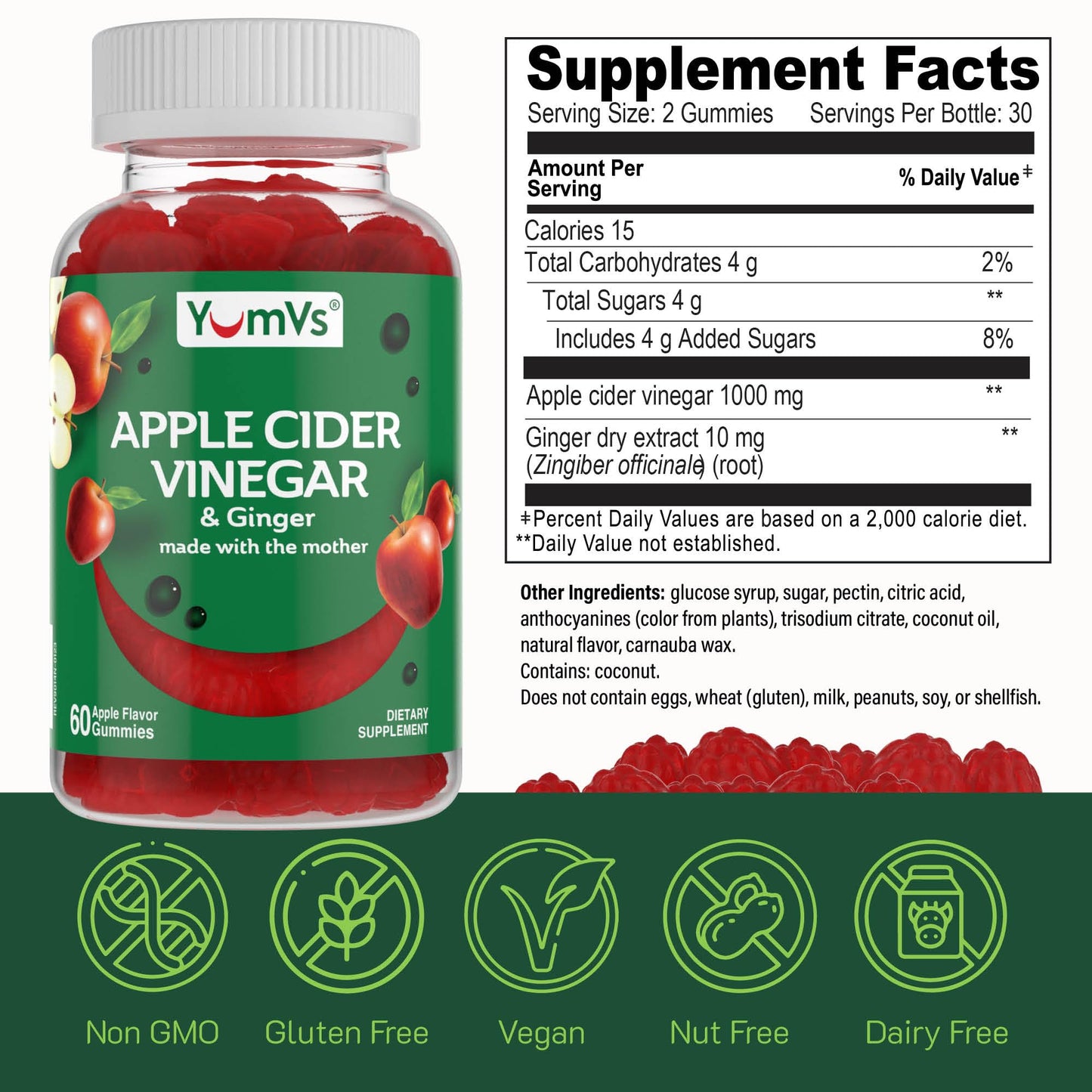 YUM-V'S Apple Cider Vinegar Gummies – ACV Gummies with Ginger & The Mother – 60 Count