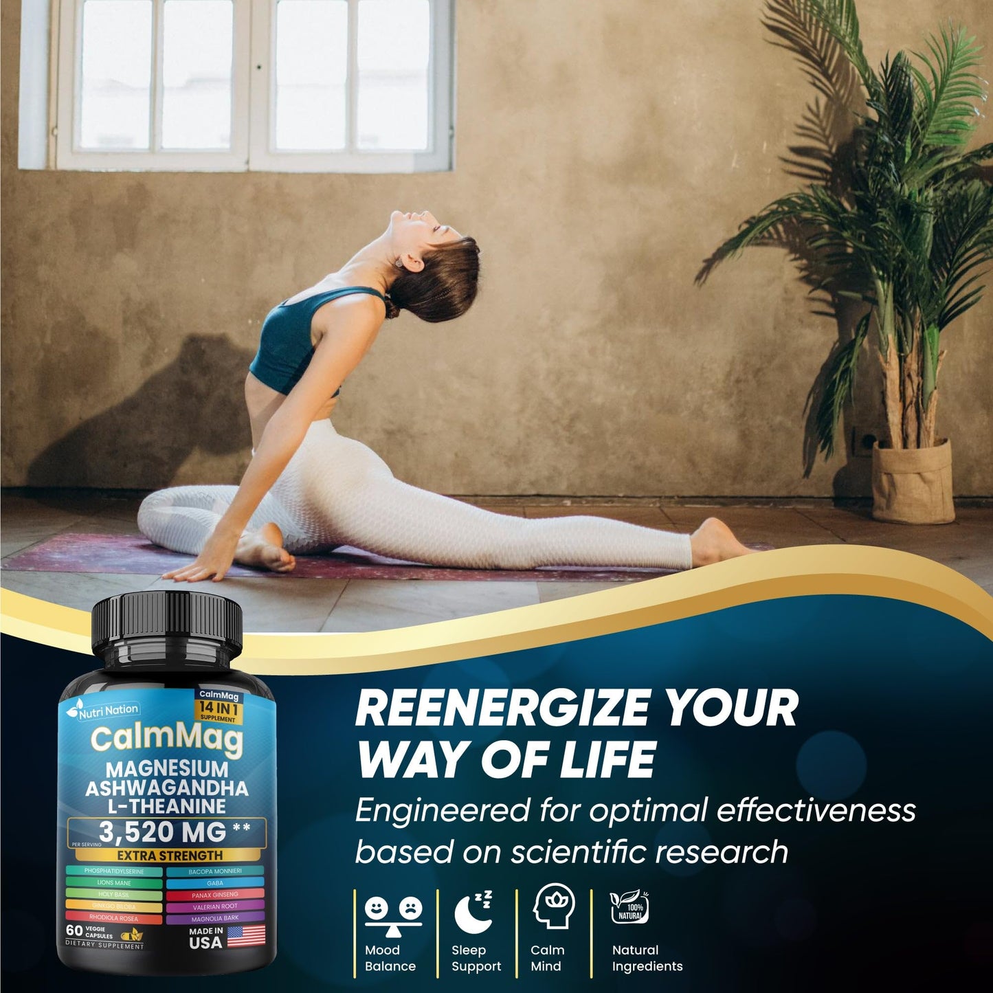 Nutri Nation Magnesium Glycinate with Ashwagandha and L-Theanine 14 in 1 Supplement Capsule, 1 Count