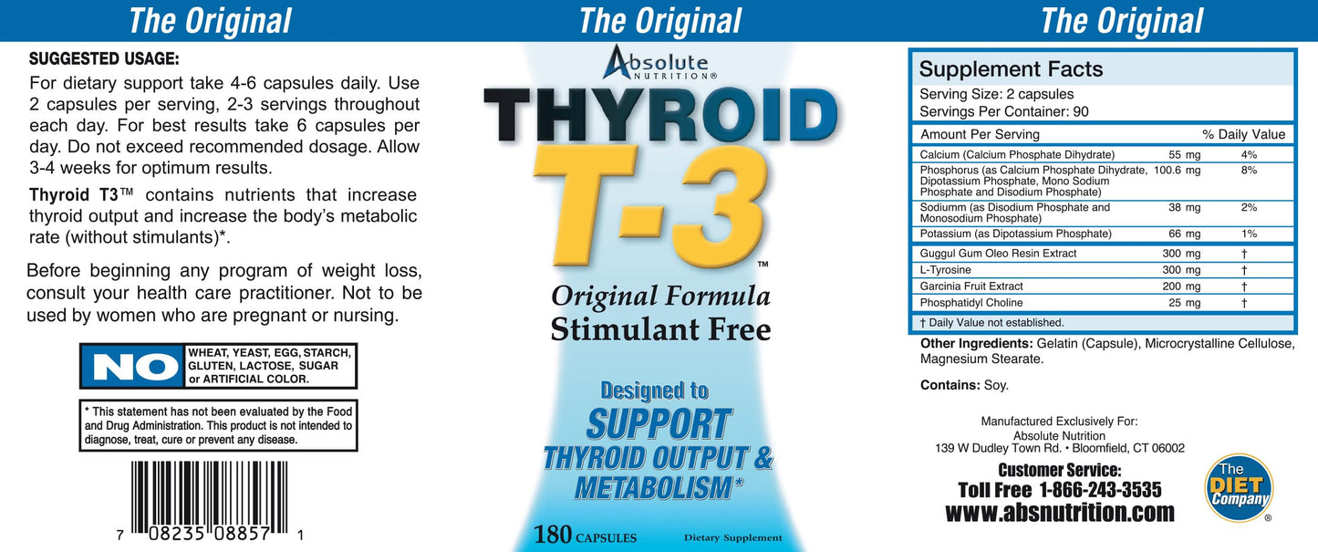 Absolute Nutrition Thyroid T-3 Radical Metabolic Booster, Energy & Focus Unflavored Thyroid Support Formula Capsules, 180 Capsules