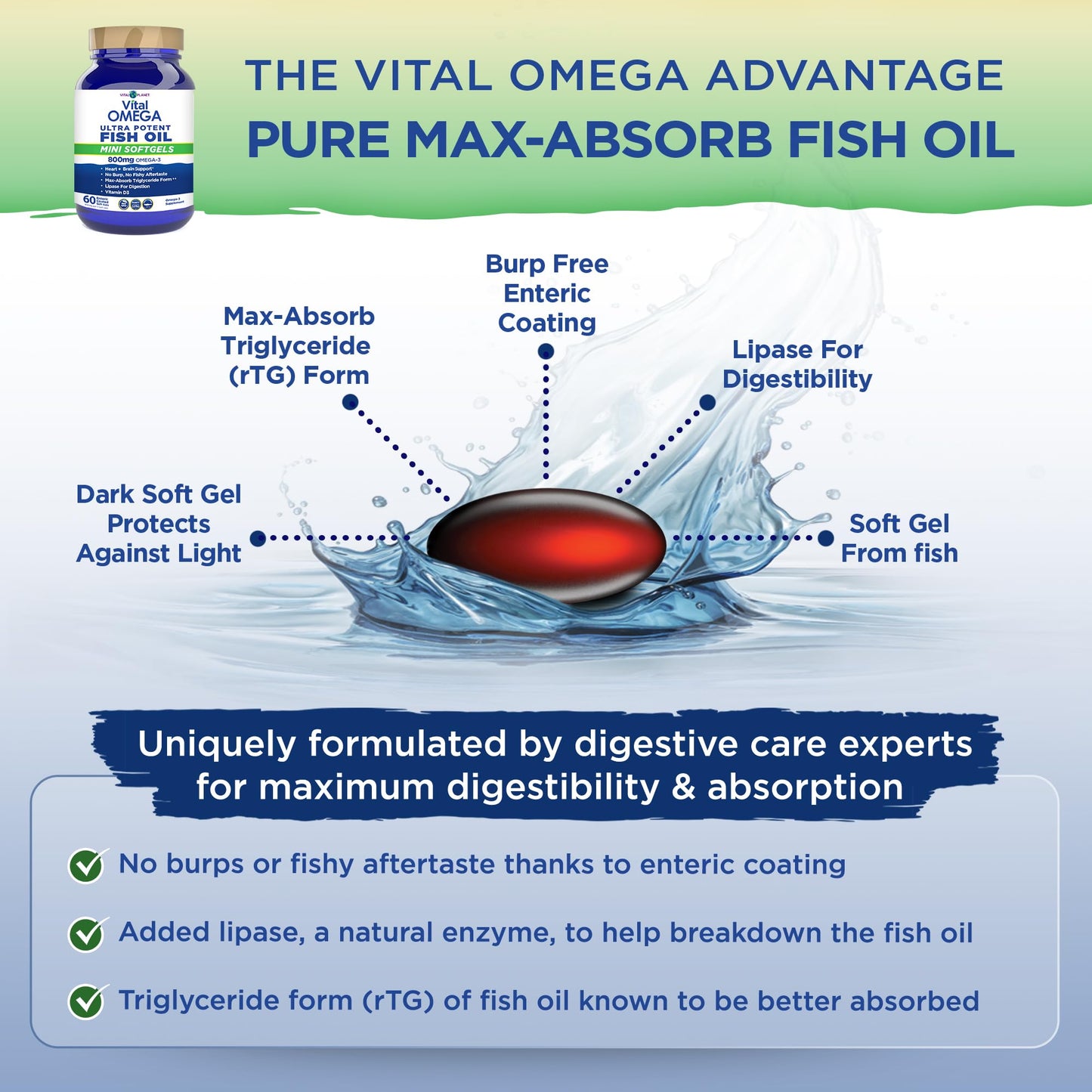 Vital Planet Vital Omega-3 Fish Oil Mini Softgels with 800mg Wild-Caught Omega-3s (EPA, DHA, and DPA) for Heart Health, 60 Softgels