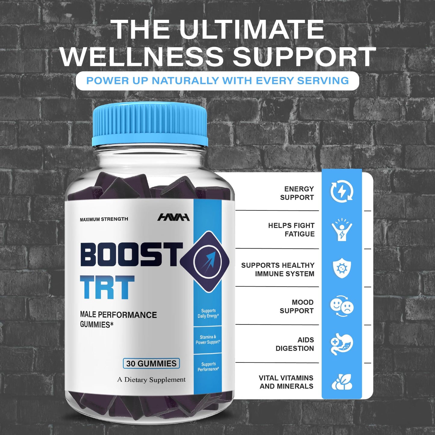 Havah Boost TRT Maximum Strength Performance Gummies, Shilajit Multivitamin Supplement, 30 Count