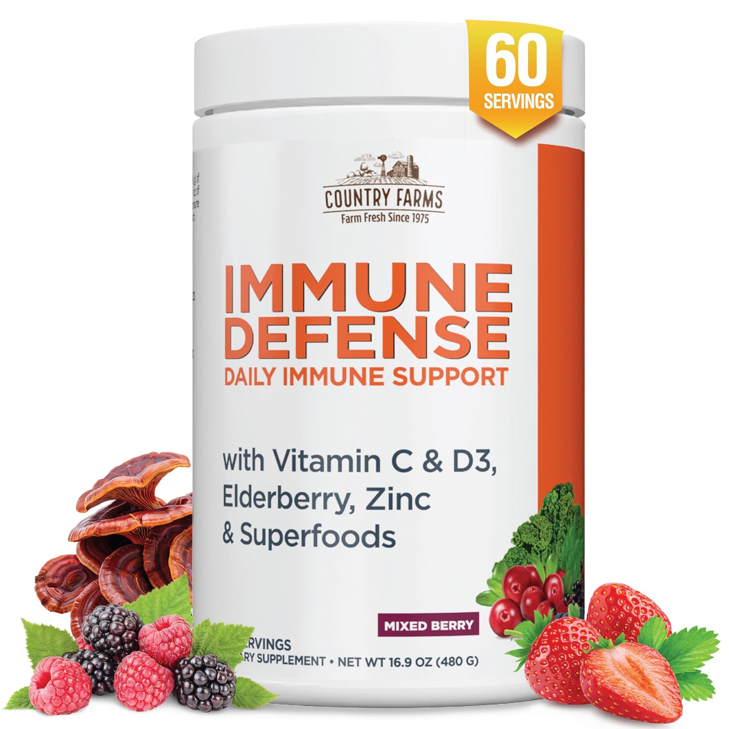 Country Farms Immune Defense Superfoods Immune Support Supplement Vitamin C with Black Elderberry Echinacea Turmeric Supports Hydration with Probiotics and Prebiotics Berry Flavor Powder 16.93 oz