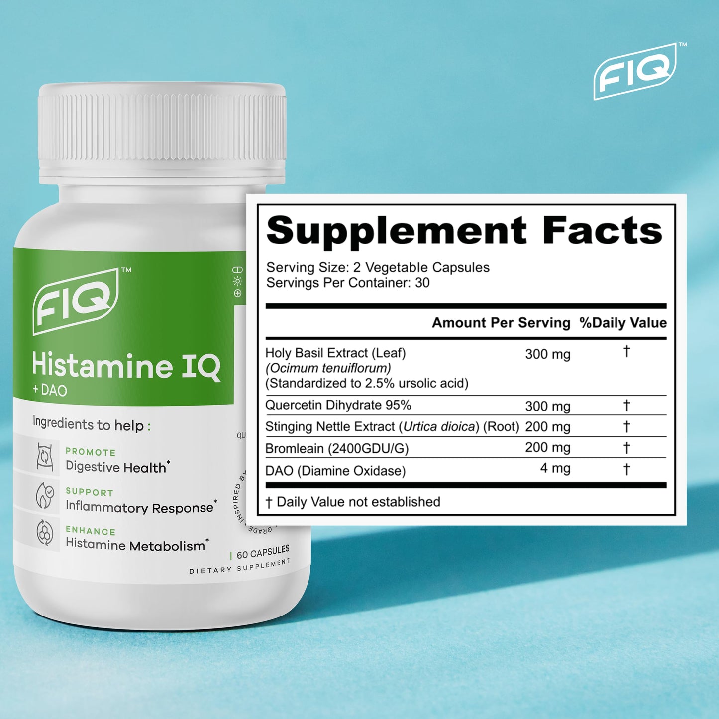 FIQ Formula IQ Histamine IQ Diamine Oxidase (DAO) Enzyme Supplement DAO Histamine Blocker Immune Support Capsules, 60 Count