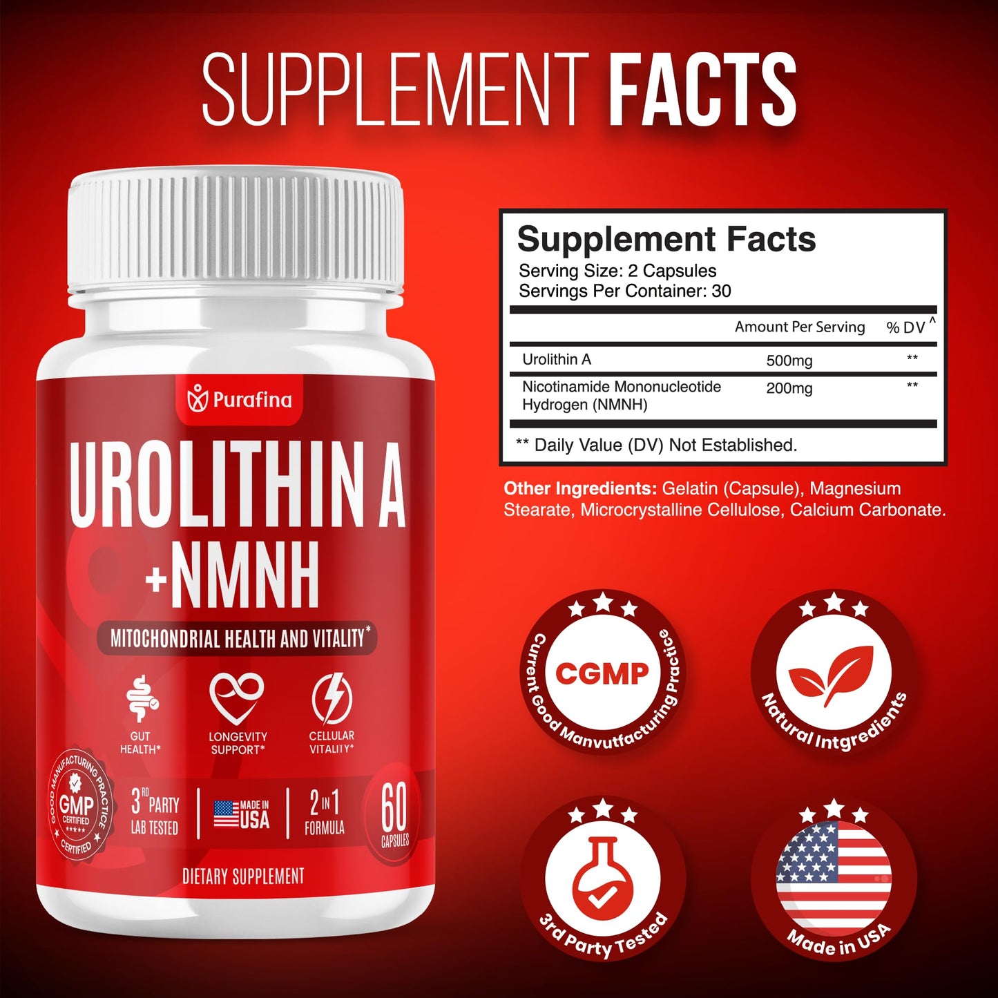 Purafina Urolithin A Supplement with NMNH for Mitochondrial Support, Cellular Energy, Healthy Aging, Muscle Health, Vitality & Cellular Wellness, 60 Capsules
