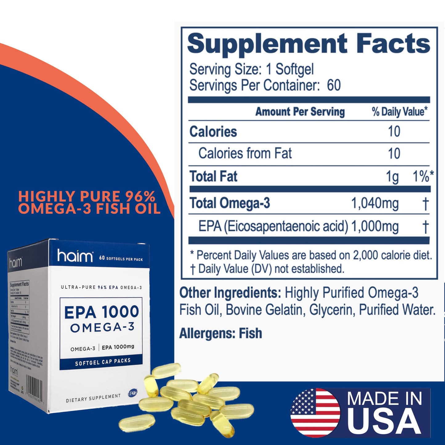 HAIM EPA1000 High-Potency EPA Fish Oil Supplement Softgels 60